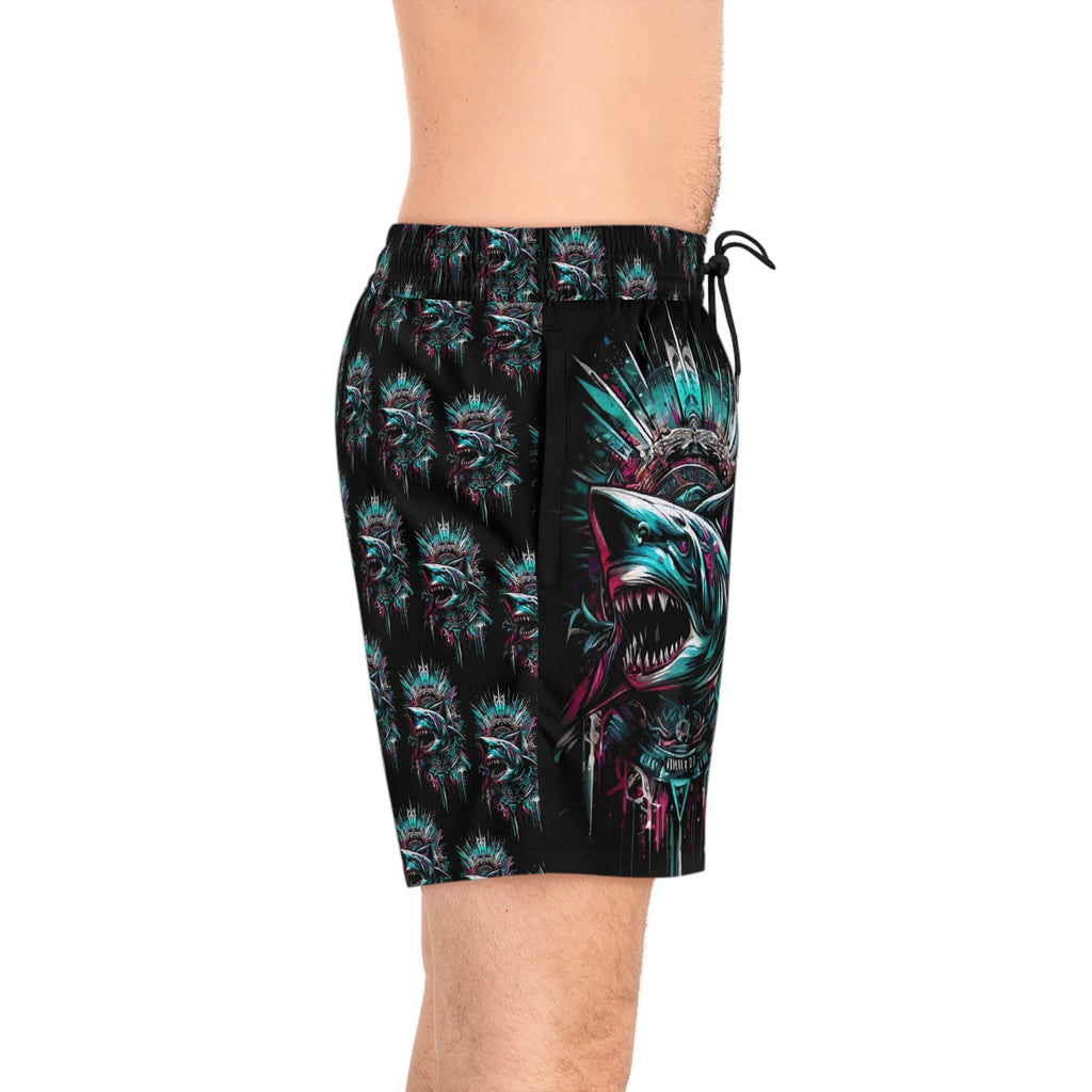 Shark Bite Swim Shorts — Neon Tribal Shark Print Men's Mid-Length Swim Trunks