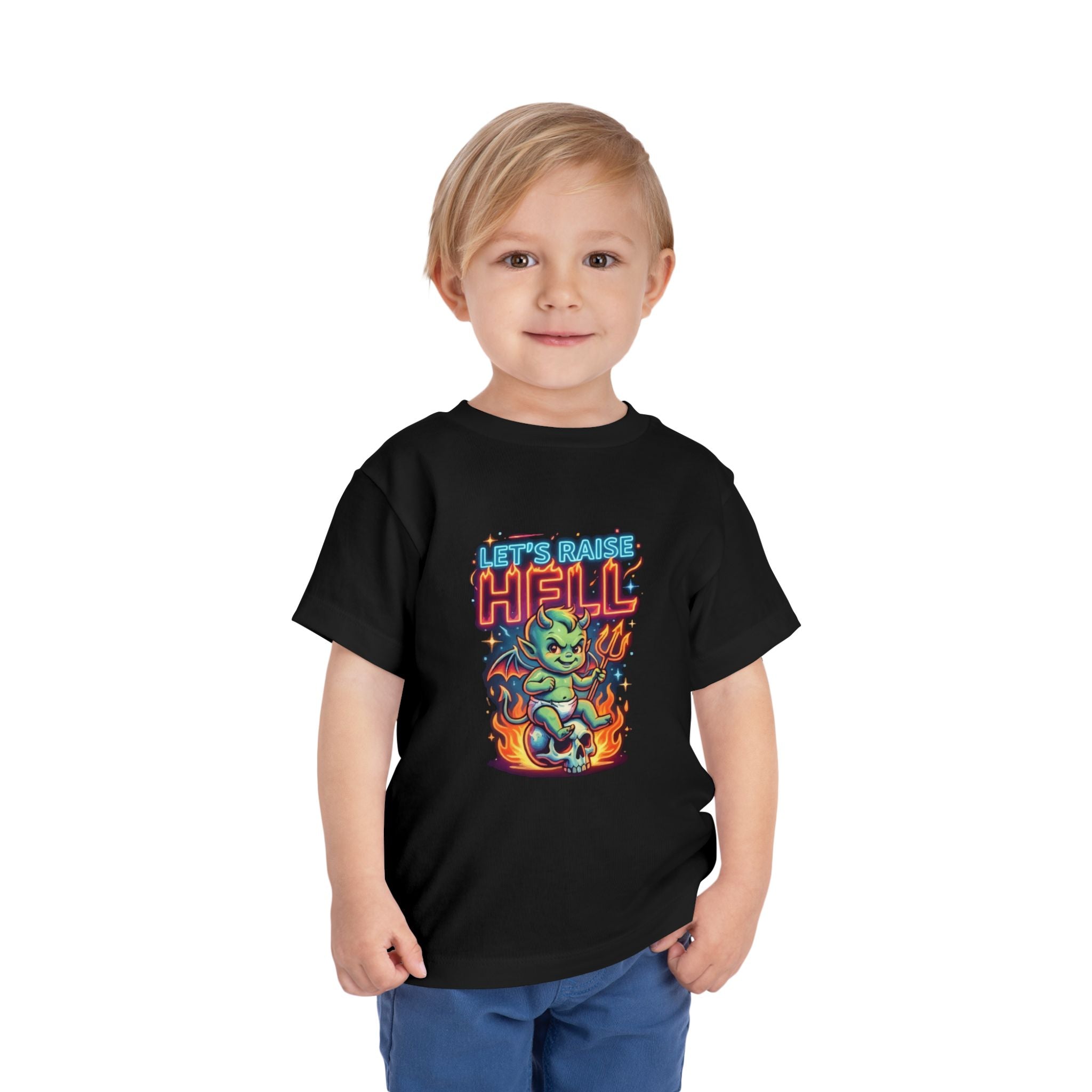 Toddler Tee — "Let's Raise Hell" Cute Devil Baby Graphic