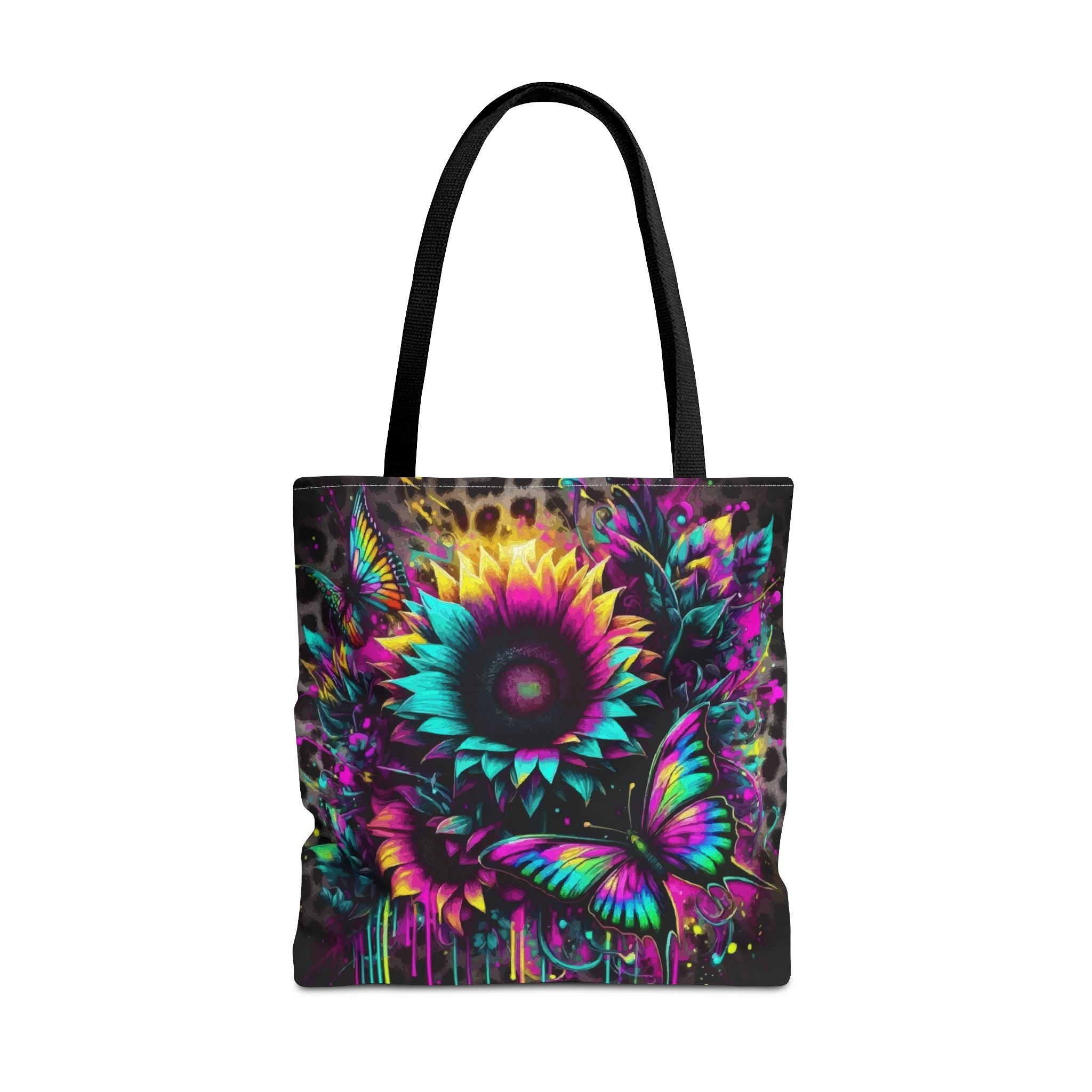 Sunflower & Butterfly Neon Tote Bag — Colorful Floral All-Over Print Tote