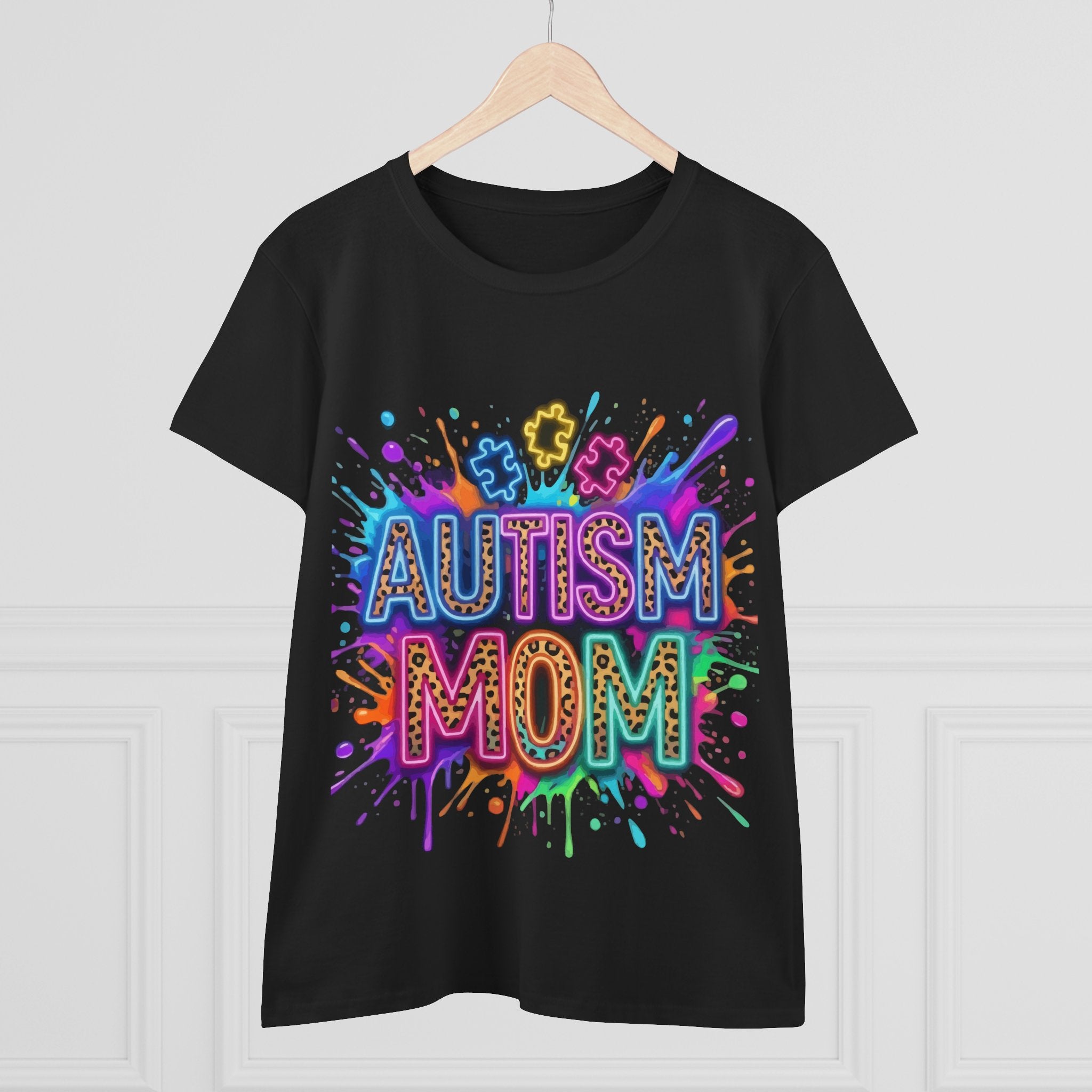 Autism Mom T-Shirt — Colorful Puzzle Splash Tee for Awareness & Support