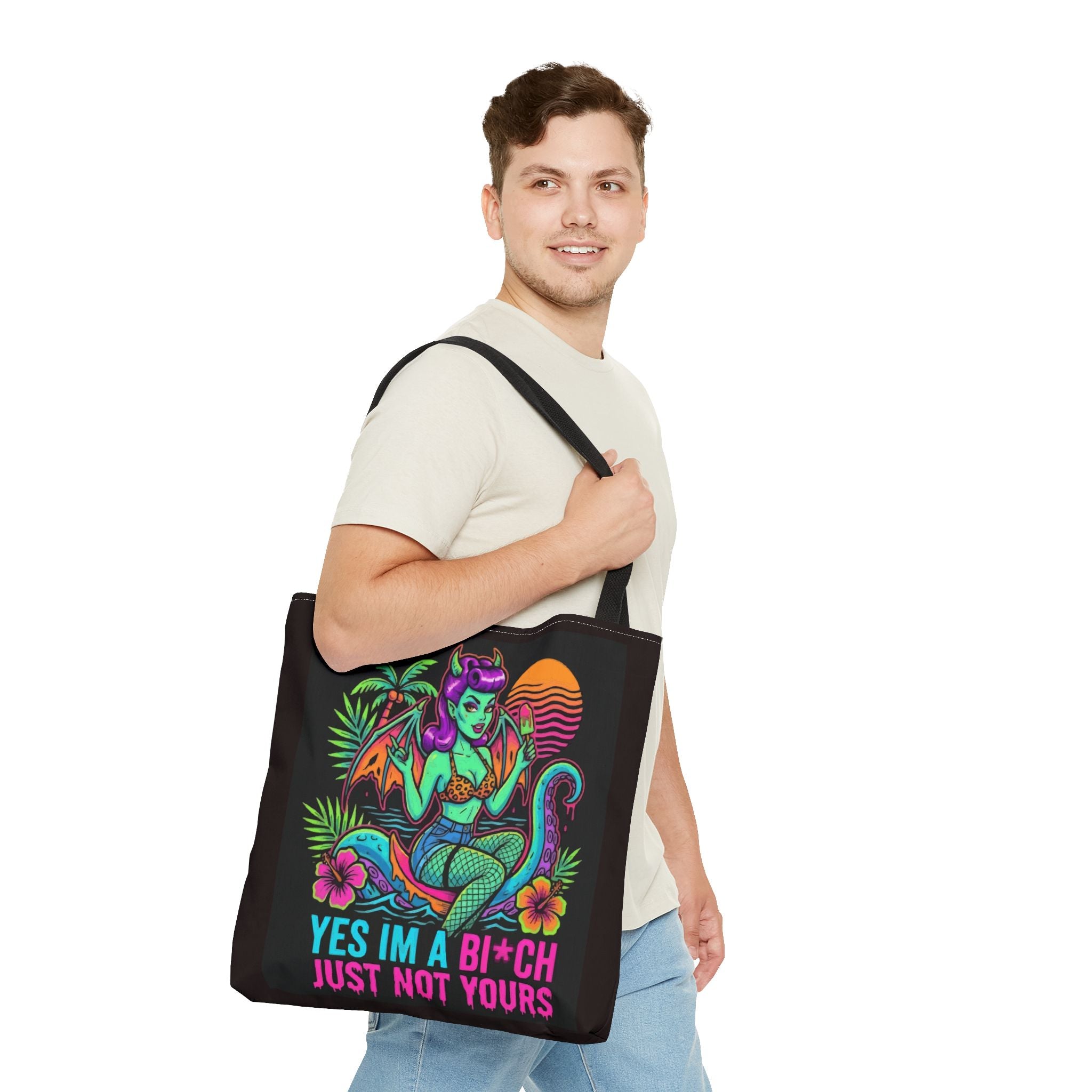 Yes I'm a Bi*ch Tote Bag — Retro Devil Girl LGBTQ+ Pride Beach Tote