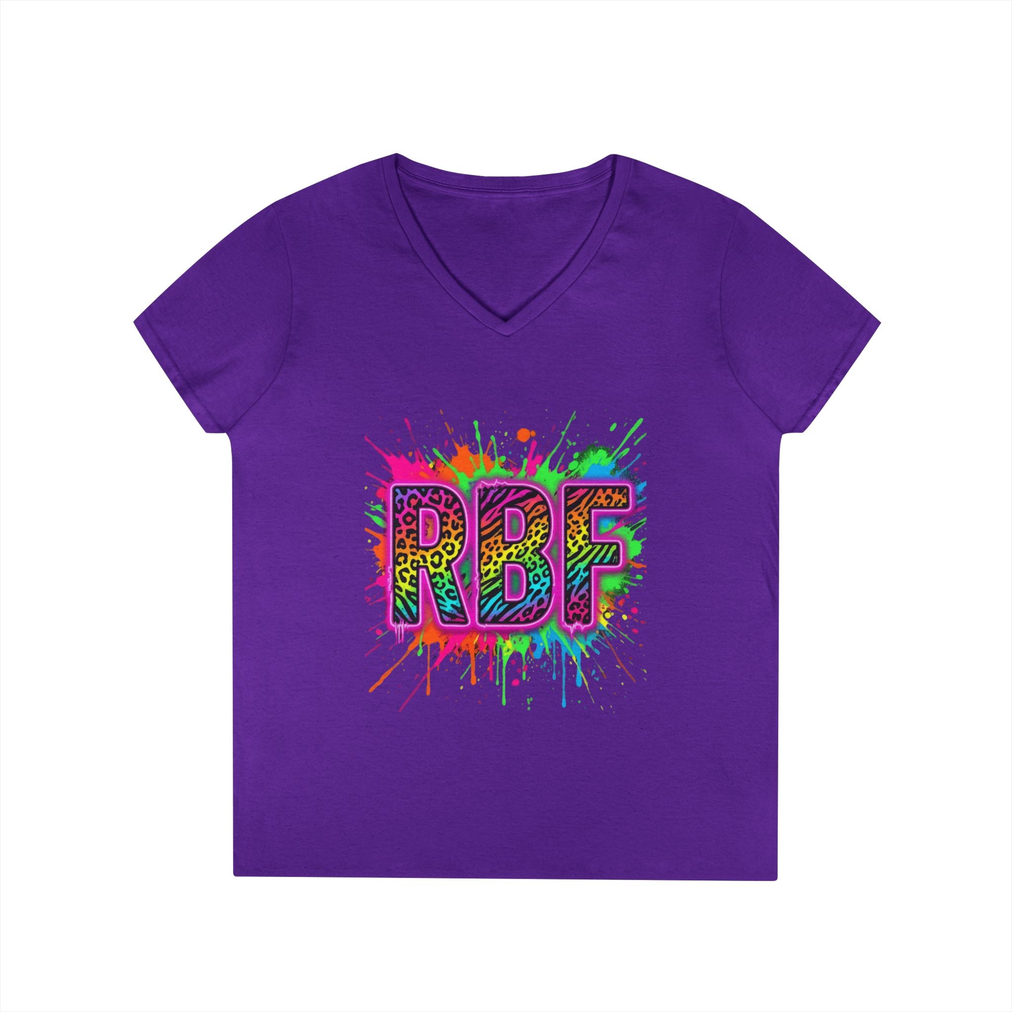 RBF Neon Splash V-Neck Tee — Bold Rainbow Graphic for Women