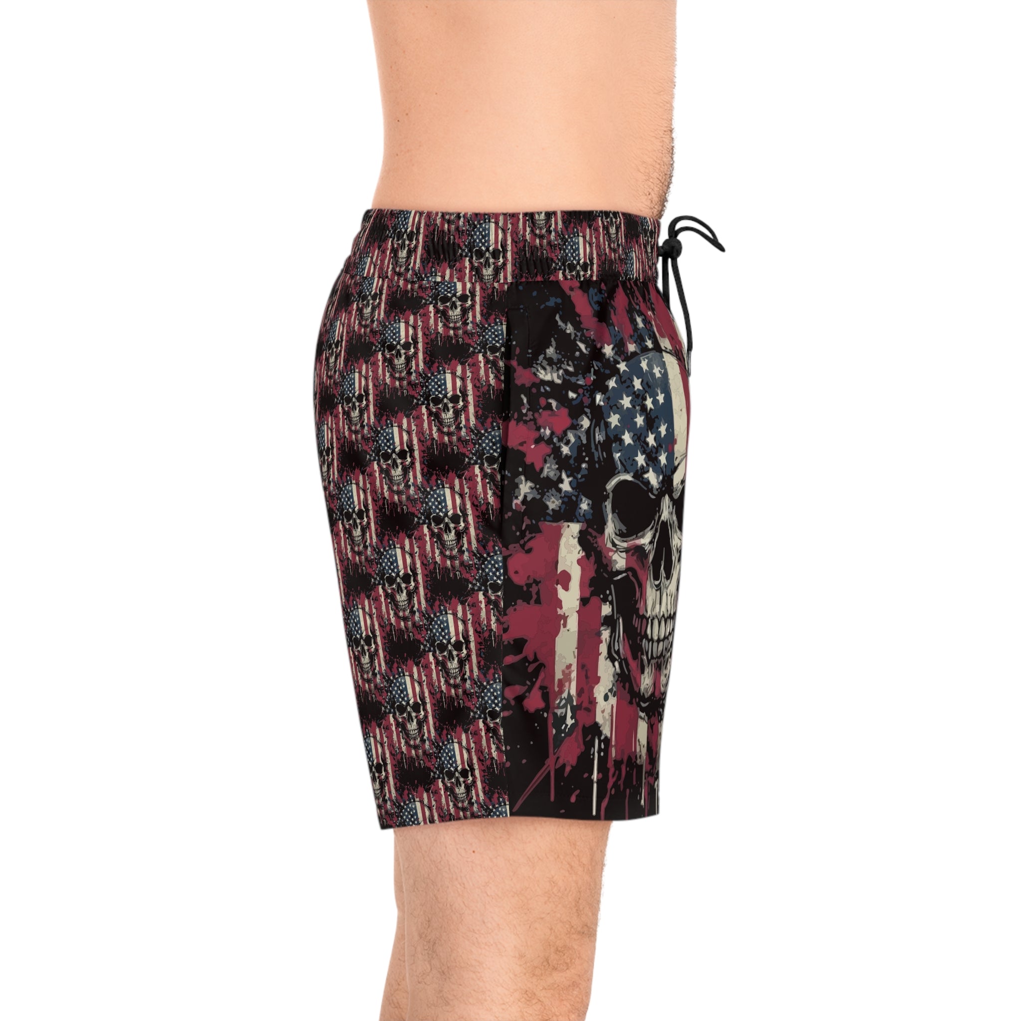 American Flag Skull Swim Shorts — Patriotic Gothic Beach Trunks