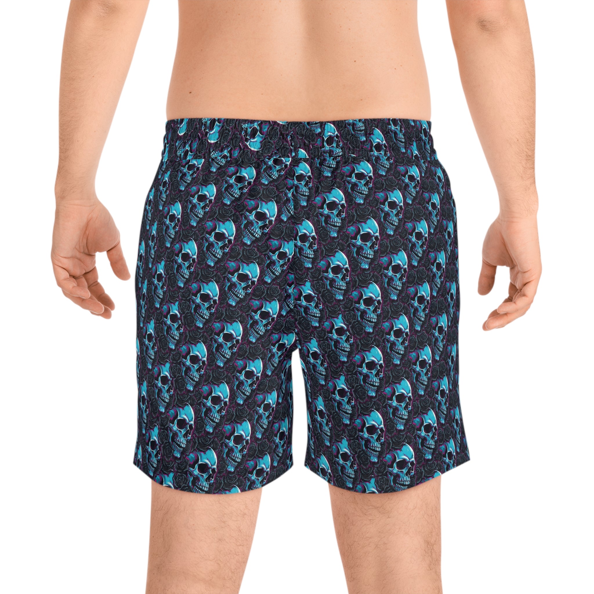 Men's Skull Rose Swim Shorts — Blue Neon Skull All-Over Print Mid-Length Trunks