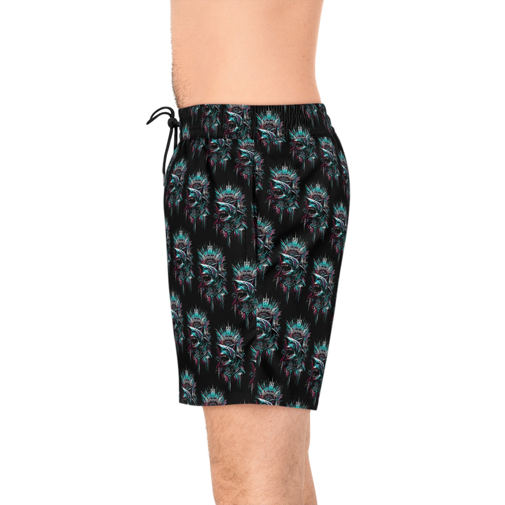 Shark Bite Swim Shorts — Neon Tribal Shark Print Men's Mid-Length Swim Trunks