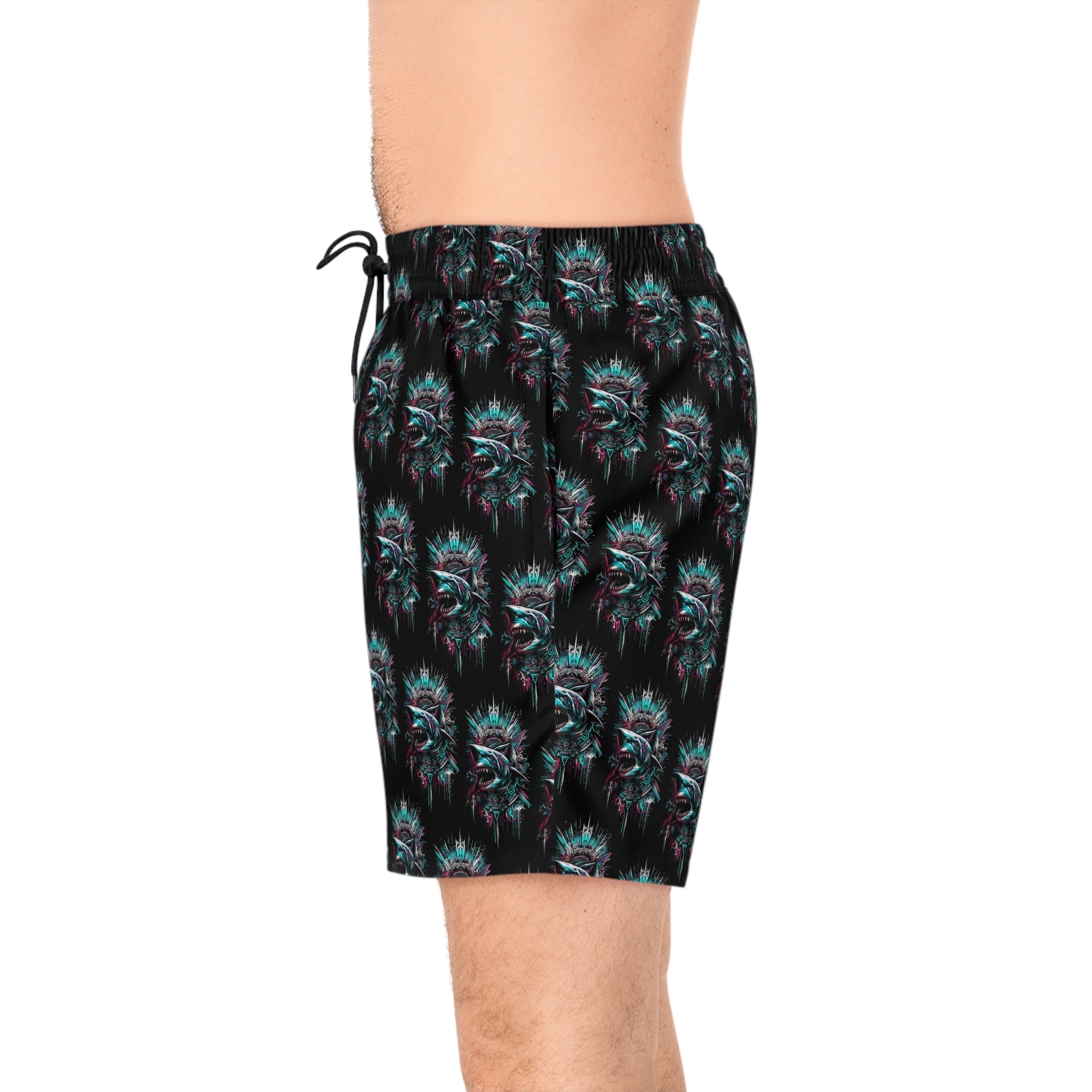 Shark Bite Swim Shorts — Neon Tribal Shark Print Men's Mid-Length Swim Trunks