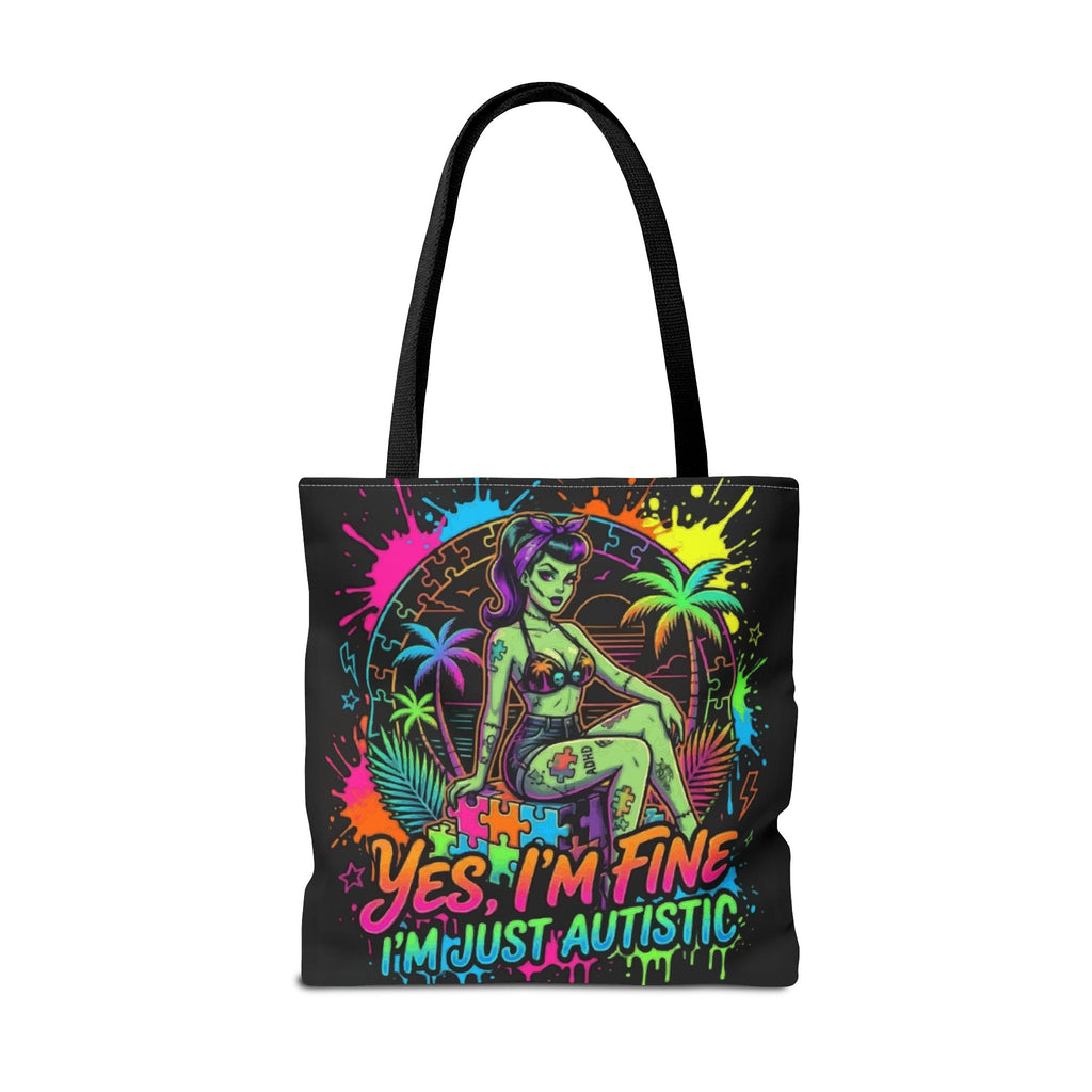 Autistic Pride Tote Bag — “Yes, I’m Fine, I’m Just Autistic” Neon Pinup Tote
