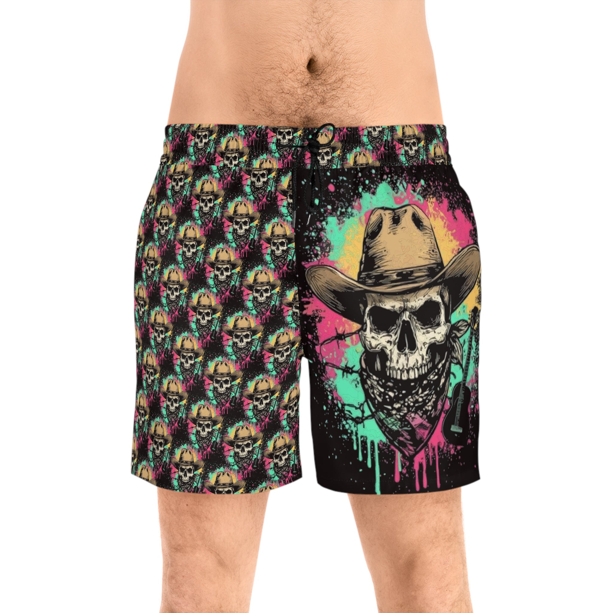 Skull Cowboy Swim Shorts — Neon Cowboy Skull Men's Mid-Length Beach Trunks