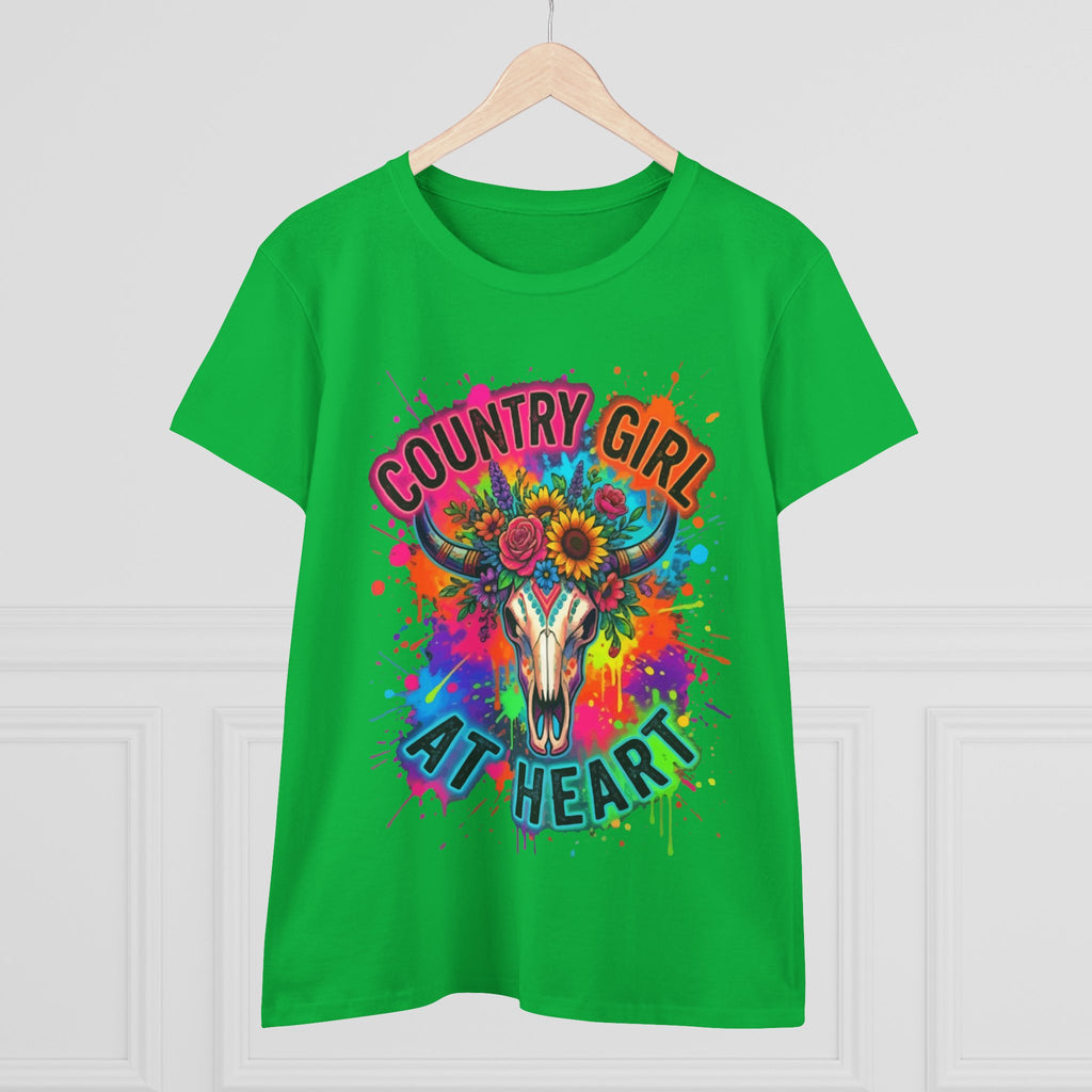 Country Girl At Heart Tee — Colorful Floral Cow Skull Women's T‑Shirt