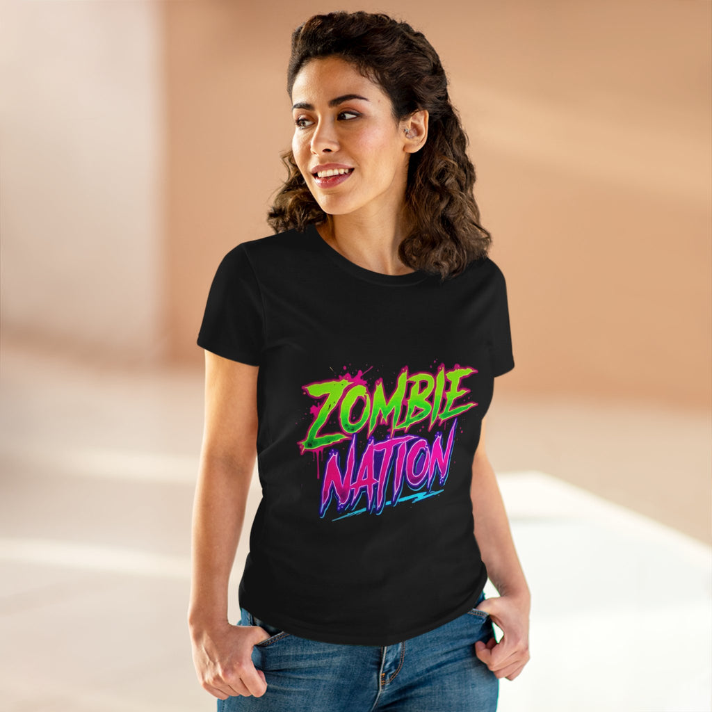 Zombie Nation Tee — Neon Retro Zombie Graphic Shirt for Women (Front & Back Print)