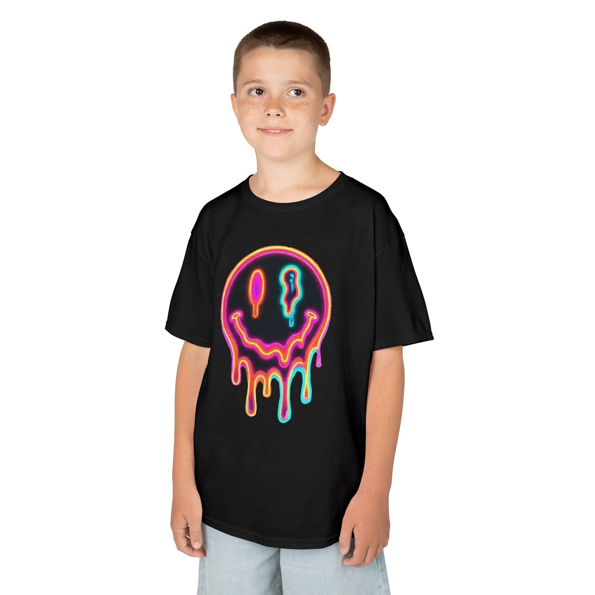 Kids Neon Drip Smiley T-Shirt — Colorful Melting Emoji Tee for Boys & Girls