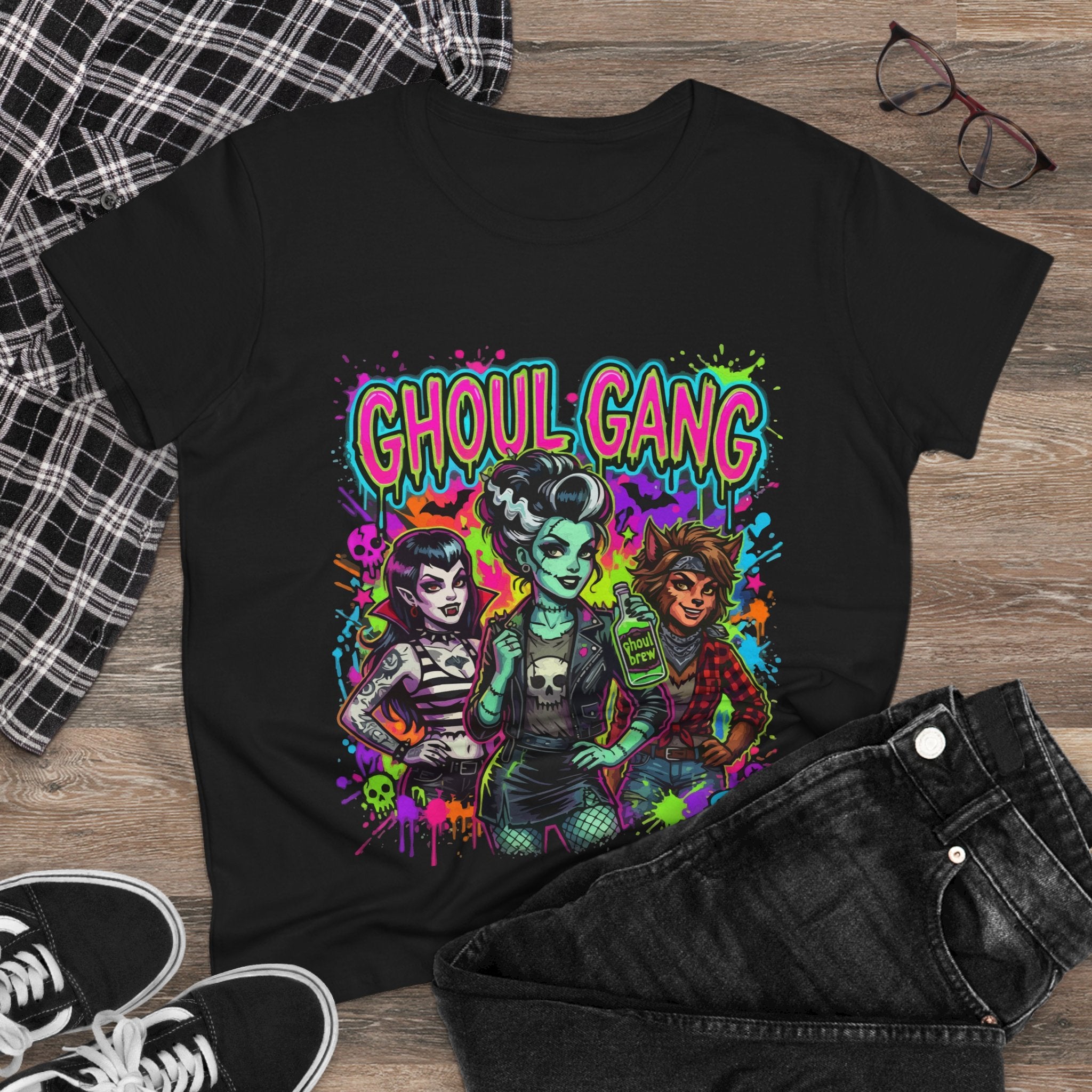 Ghoul Gang Women's Tee — Neon Retro Horror Graphic T-Shirt