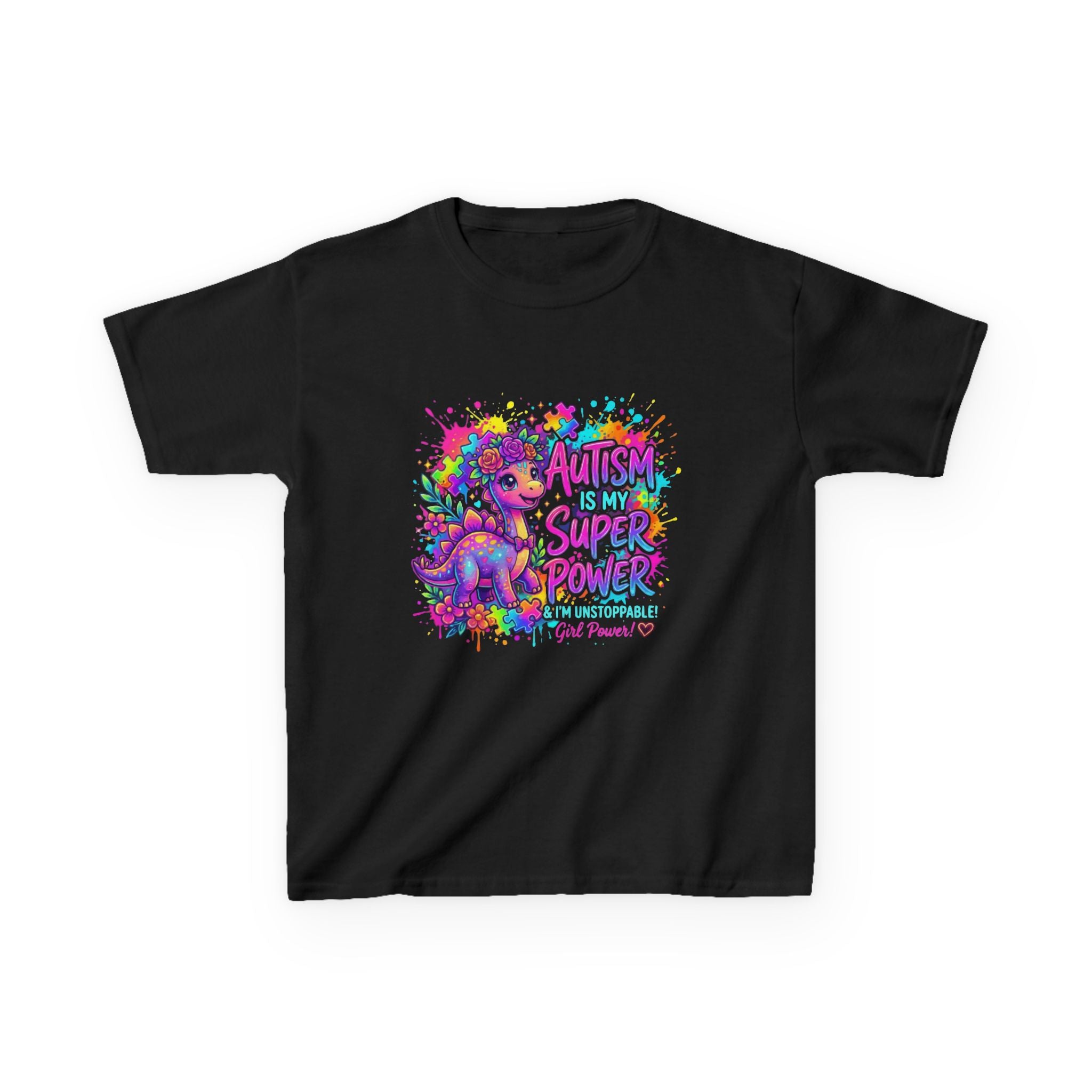 Kids Tee — "Autism Is My Superpower" Colorful Dino Autism Awareness Shirt