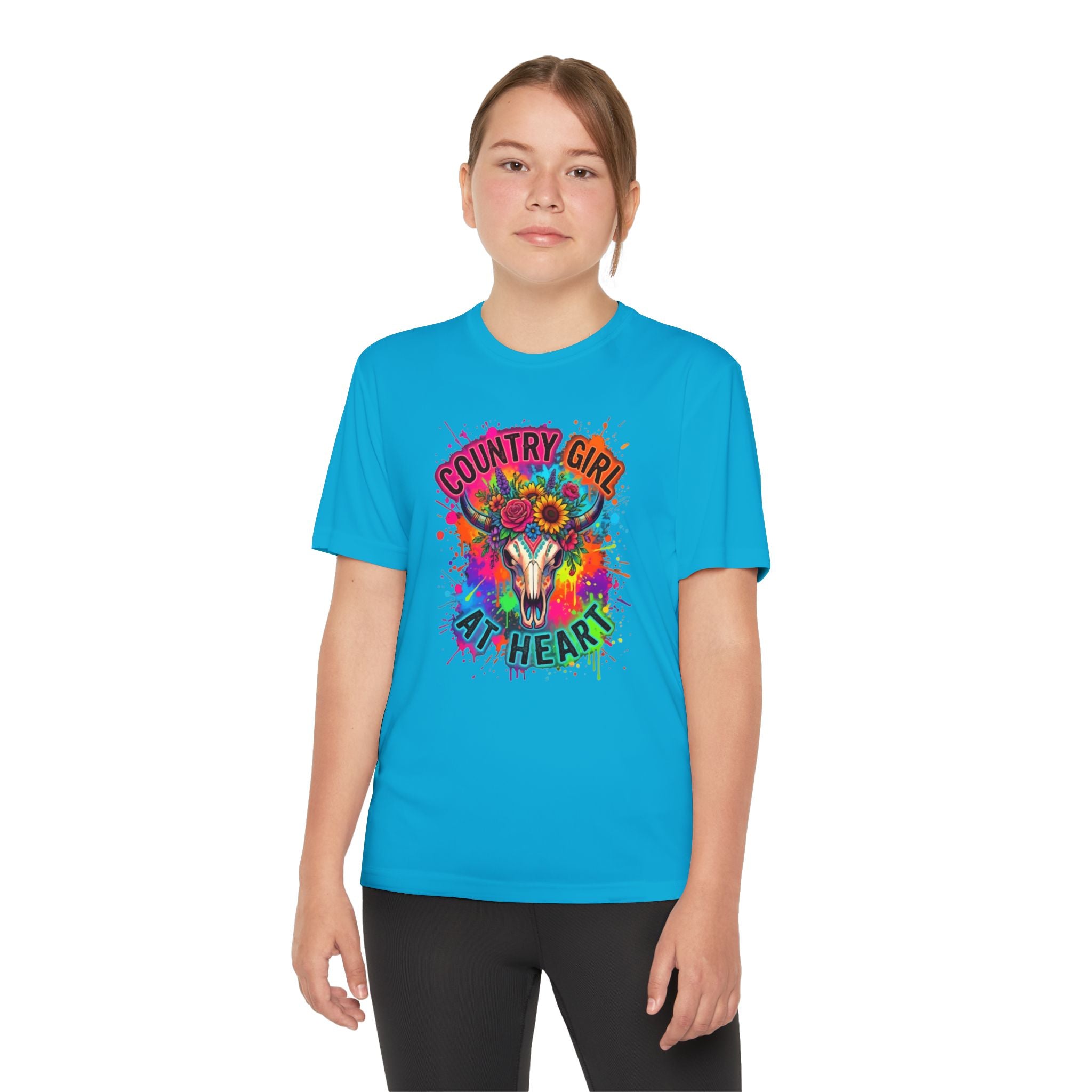 Country Girl at Heart Youth Tee — Colorful Floral Bull Skull Graphic