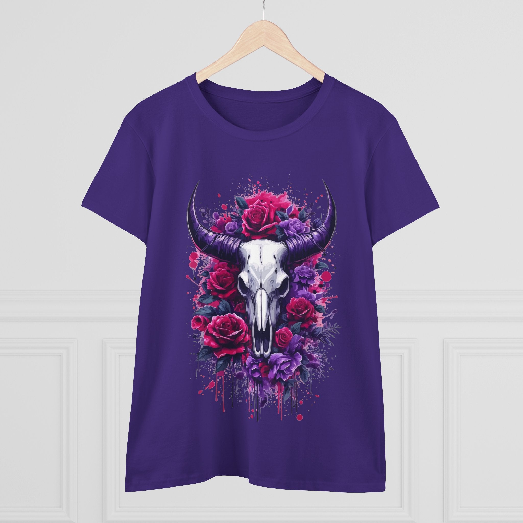 Bull Skull & Roses Graphic Tee — Floral Western Women's T-Shirt