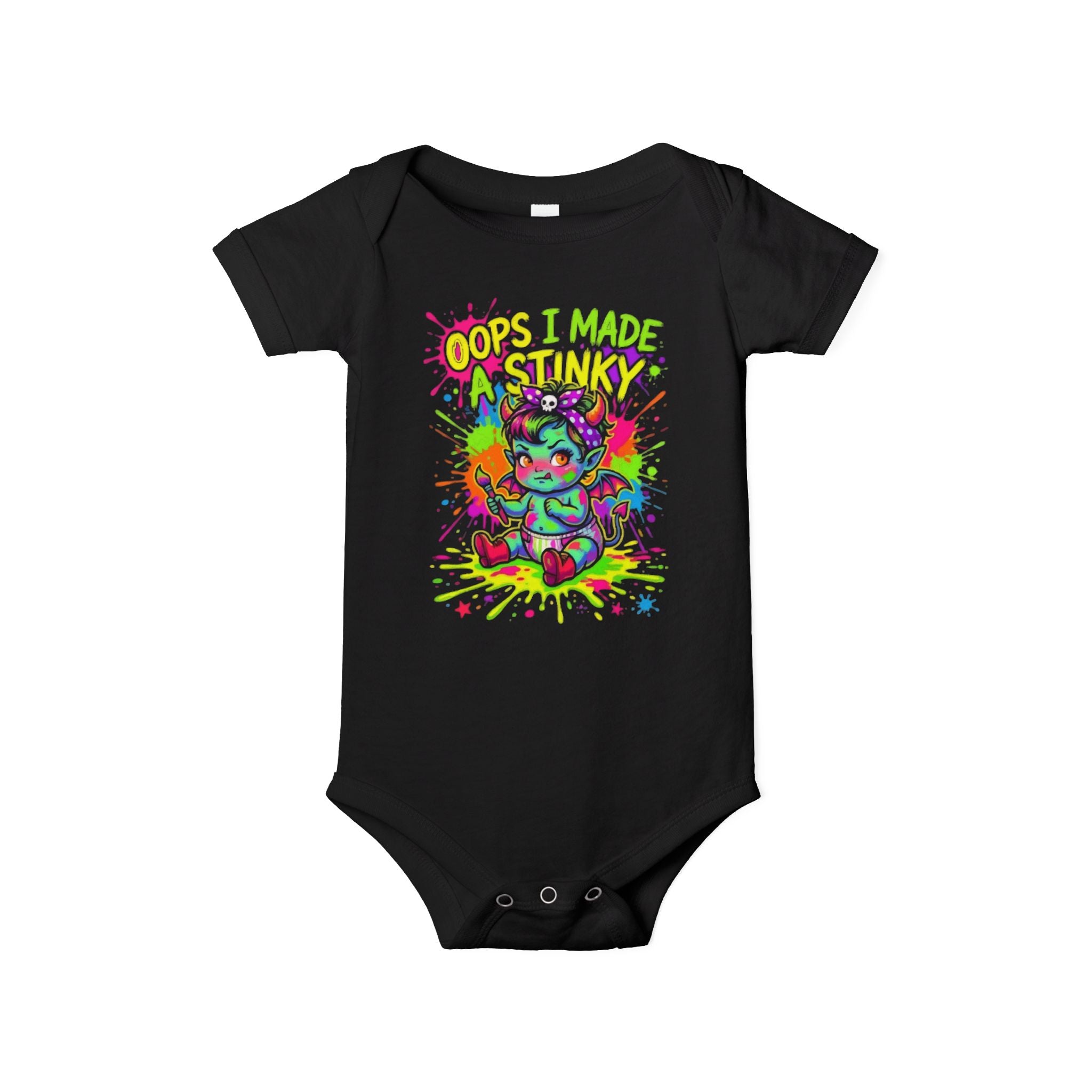 Infant One-Piece Bodysuit — "Oops I Made a Stinky" Neon Monster Baby Bodysuit