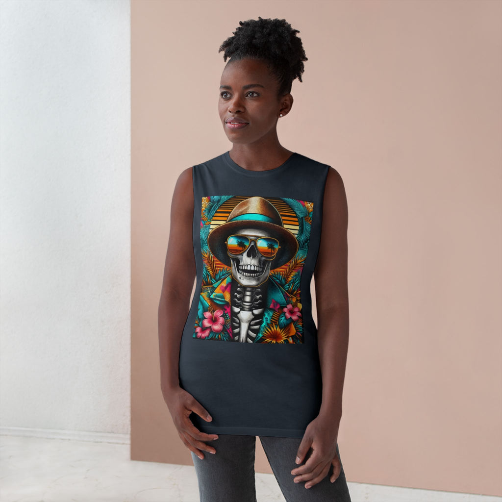 Skeleton Sun Hat Tank Top — Tropical Day of the Dead Skull Graphic Tank