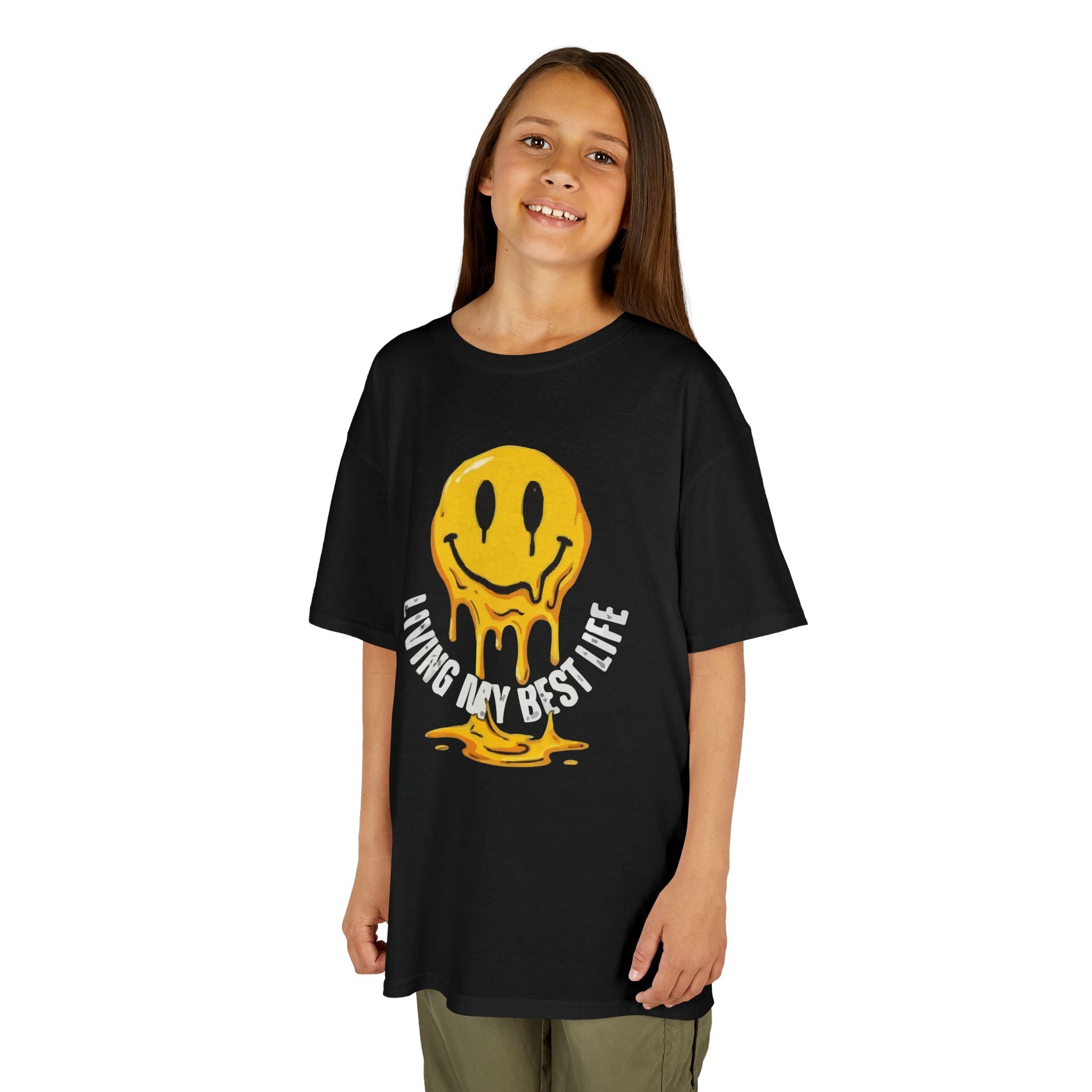 Kids Tee — Melting Smiley "Living My Best Life" Graphic