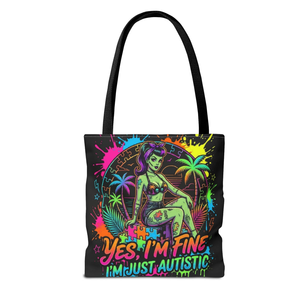 Autistic Pride Tote Bag — “Yes, I’m Fine, I’m Just Autistic” Neon Pinup Tote