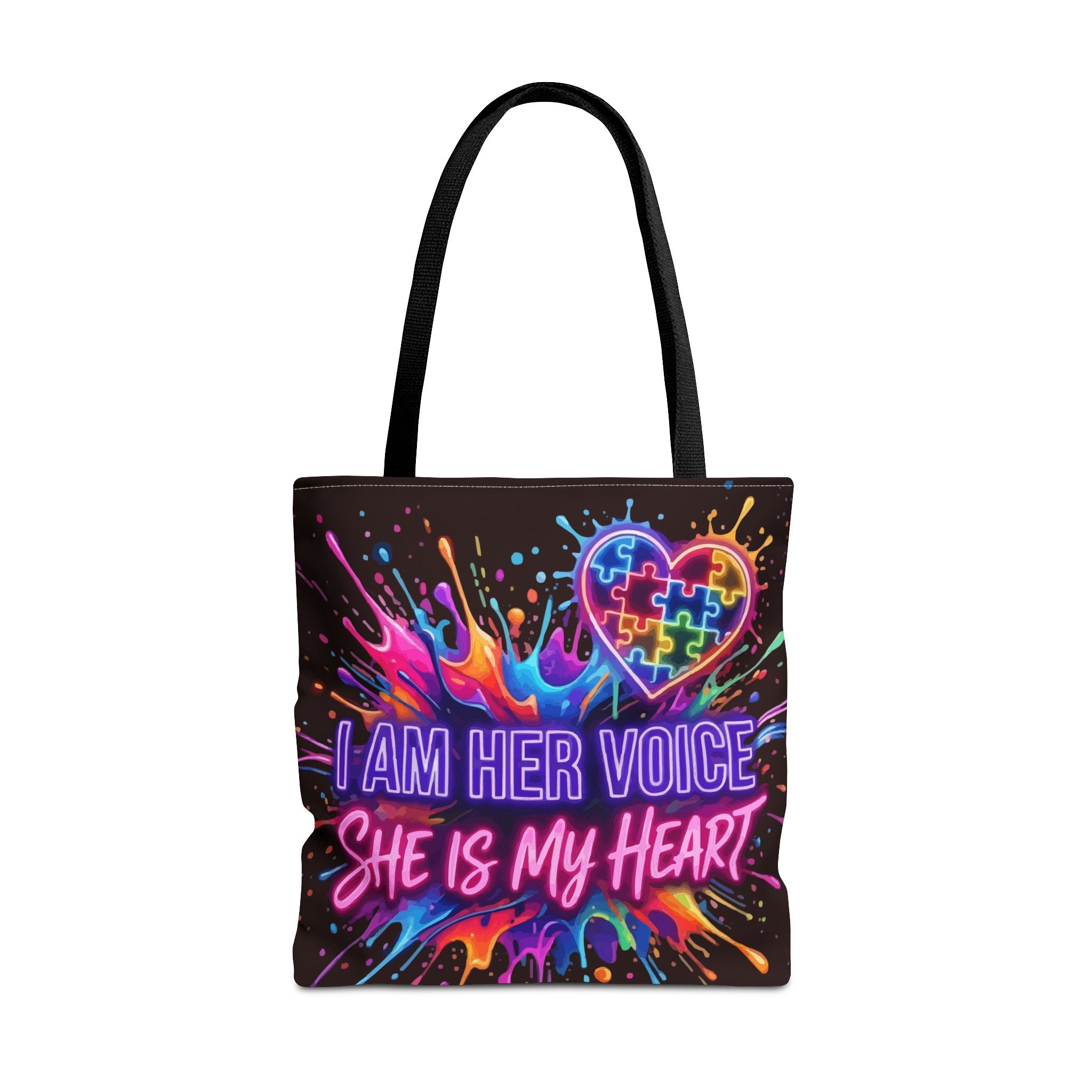 Autism Awareness Tote Bag - "I Am Her Voice, She Is My Heart" Colorful Puzzle Heart Carryall