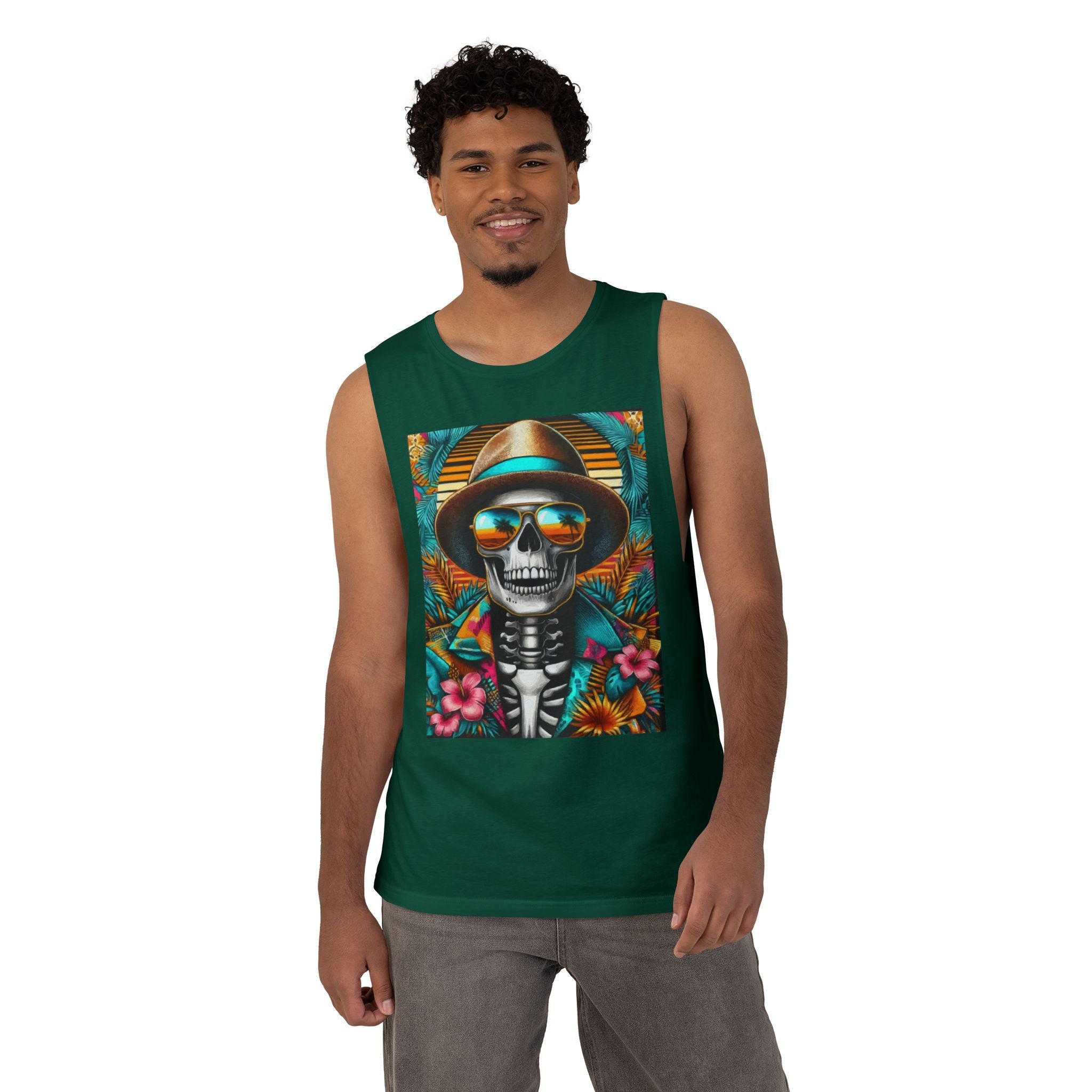 Skeleton Sun Hat Tank Top — Tropical Day of the Dead Skull Graphic Tank