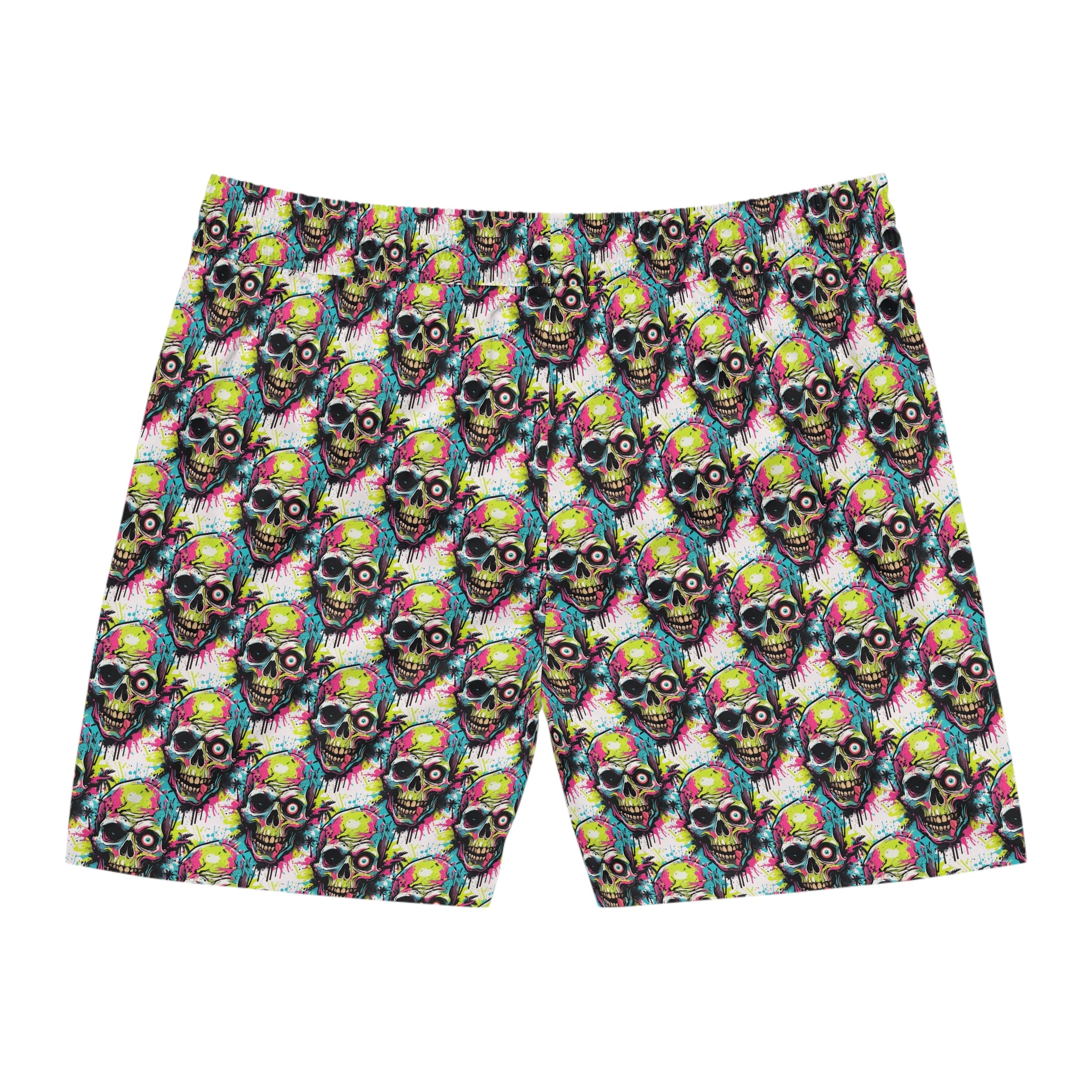 Neon Skull Swim Shorts — Men's Vibrant Skull Pattern Mid-Length Boardshorts