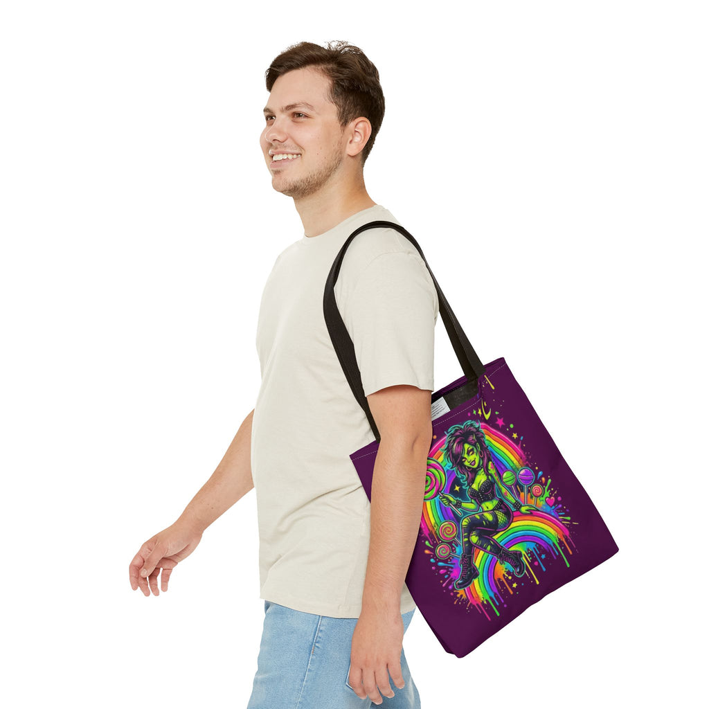 Neon Pinup Witch Rainbow Tote Bag — Candy Goth All-Over Print