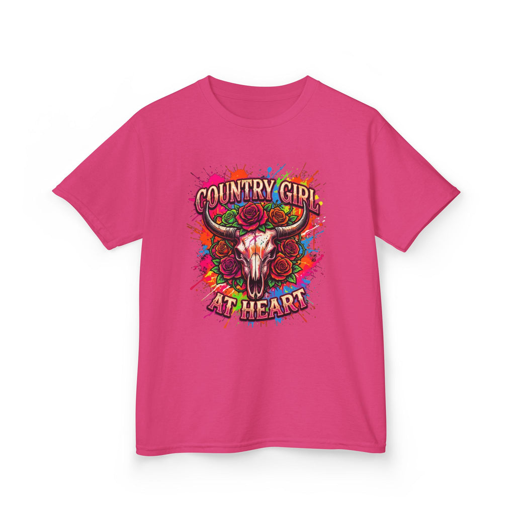 Kids T-Shirt — "Country Girl at Heart" Colorful Cow Skull Tee