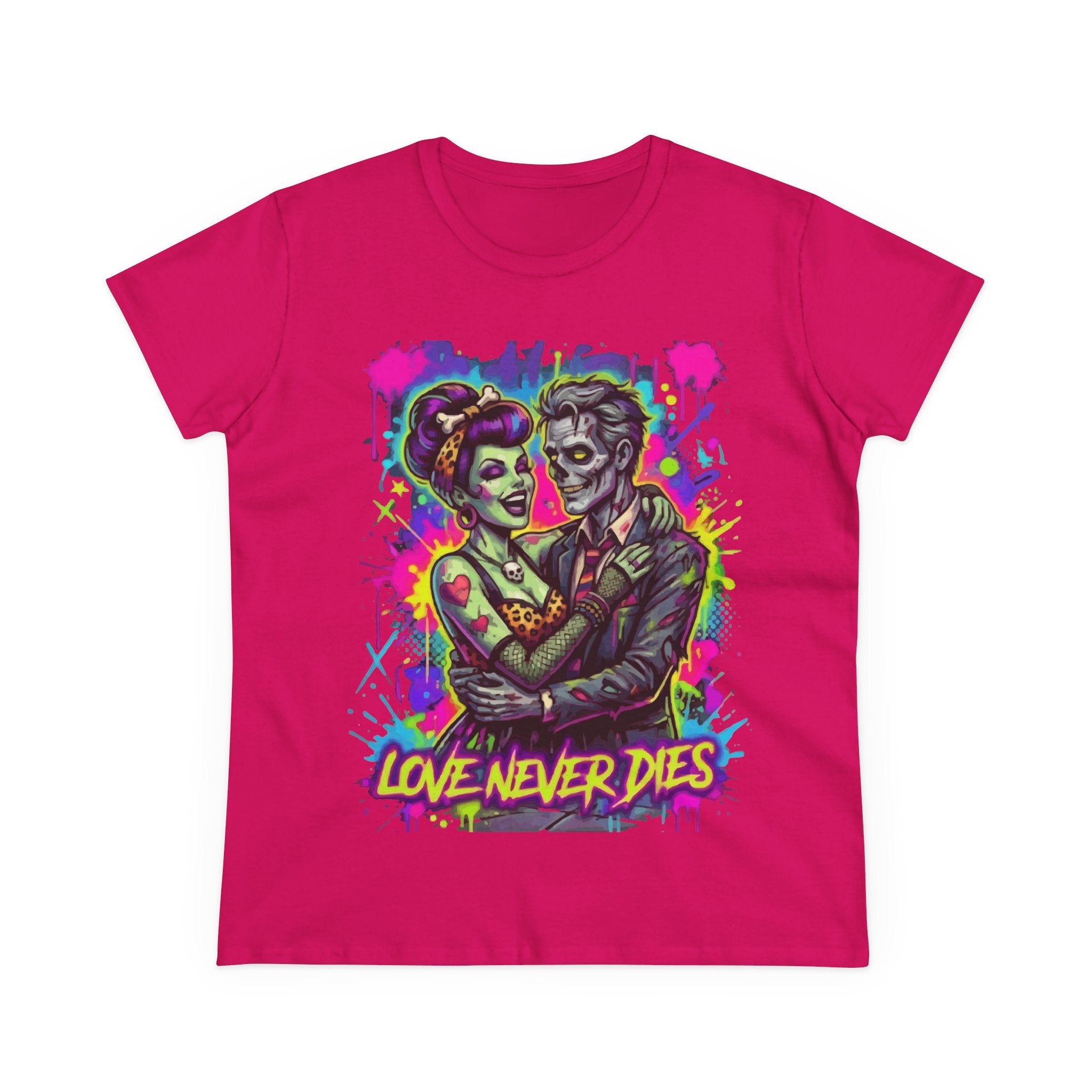 Women's Tee — Neon Zombie Couple "Love Never Dies" Graphic