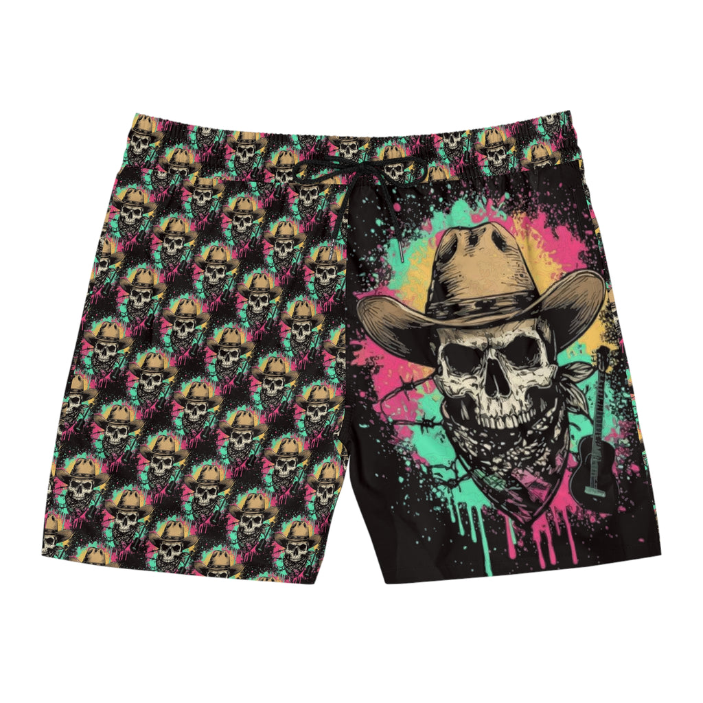 Skull Cowboy Swim Shorts — Neon Cowboy Skull Men's Mid-Length Beach Trunks