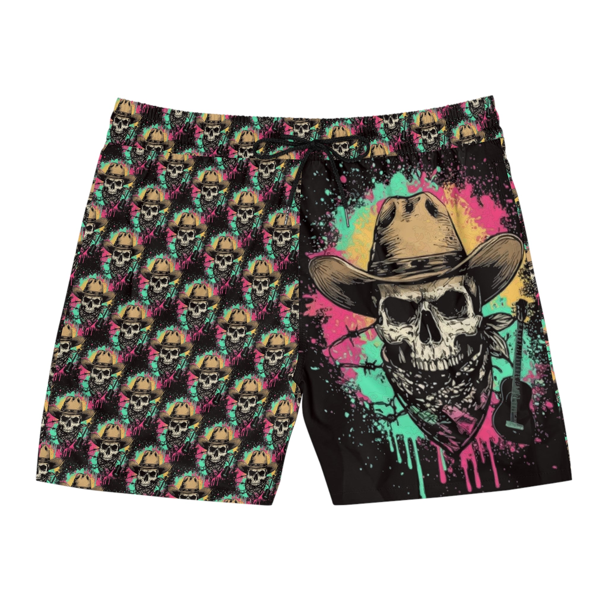 Skull Cowboy Swim Shorts — Neon Cowboy Skull Men's Mid-Length Beach Trunks