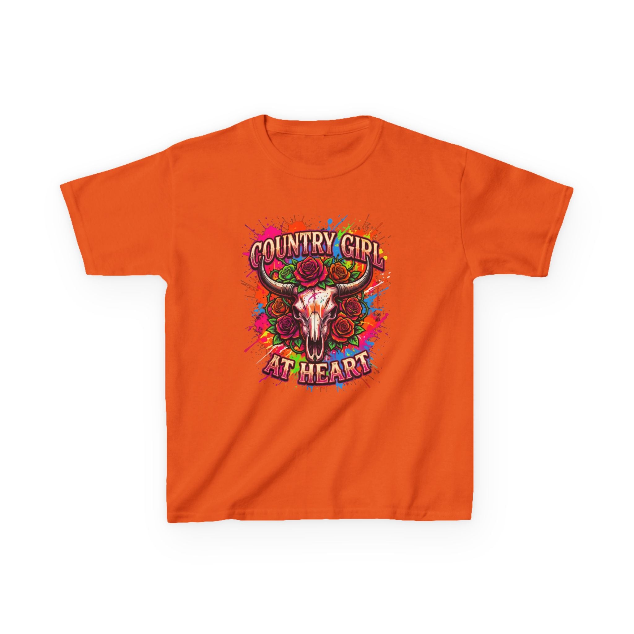Kids T-Shirt — "Country Girl at Heart" Colorful Cow Skull Tee