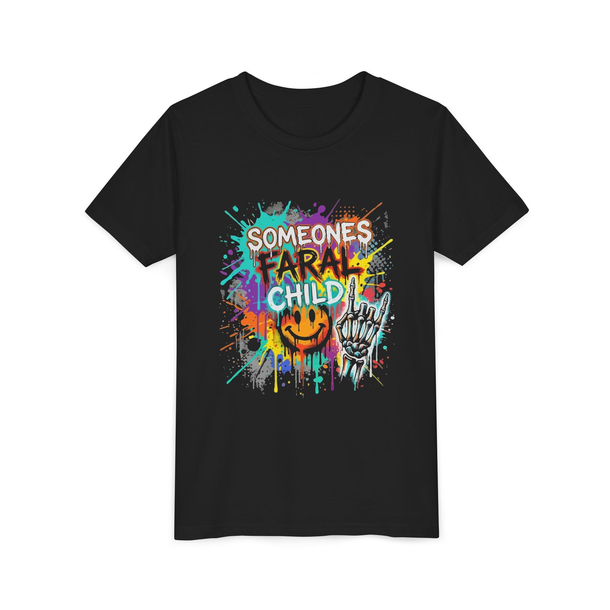 Youth Tee — "Someone's Feral Child" Colorful Graffiti Skull Design