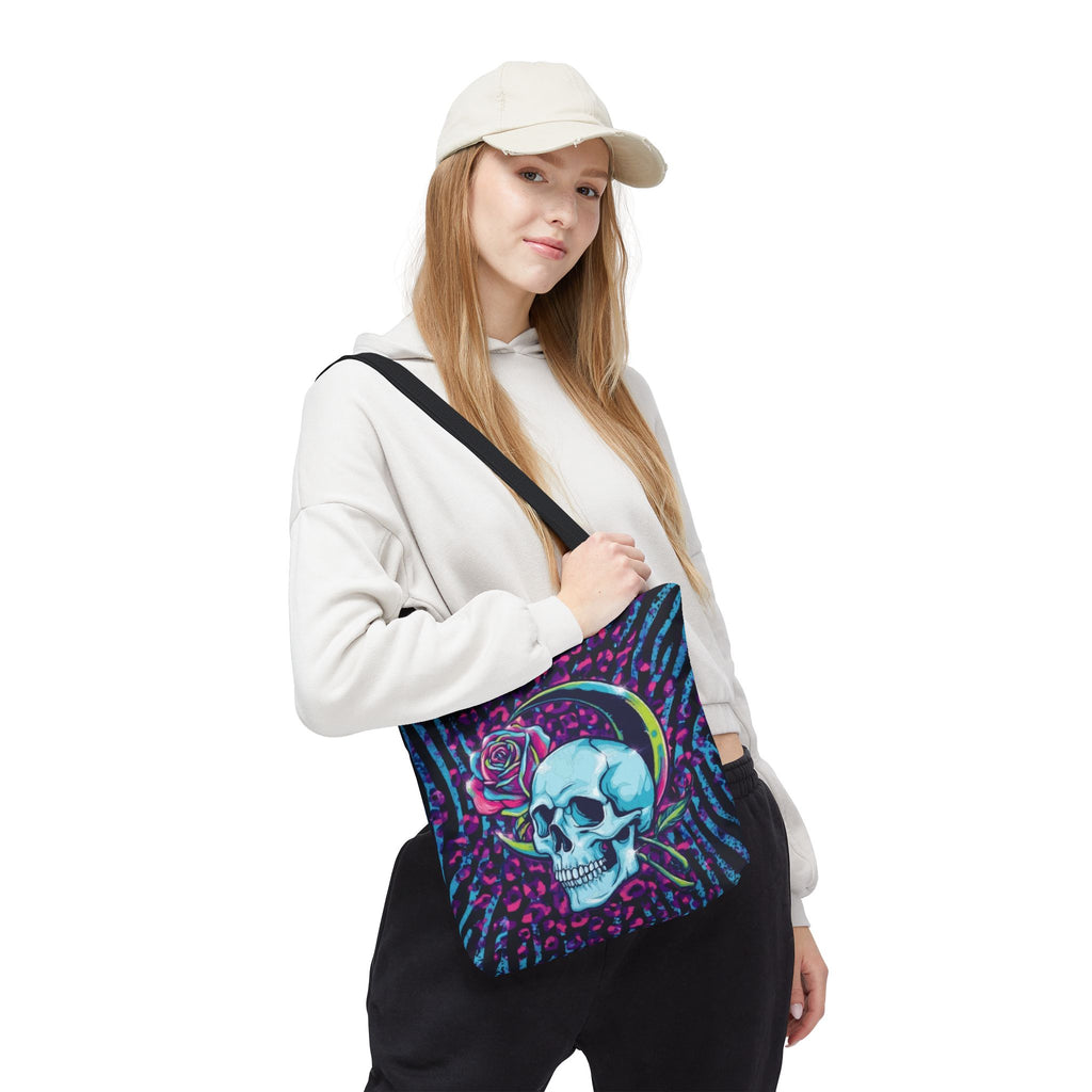 Skull & Rose Tote Bag — Neon Gothic Crescent Moon AOP Tote