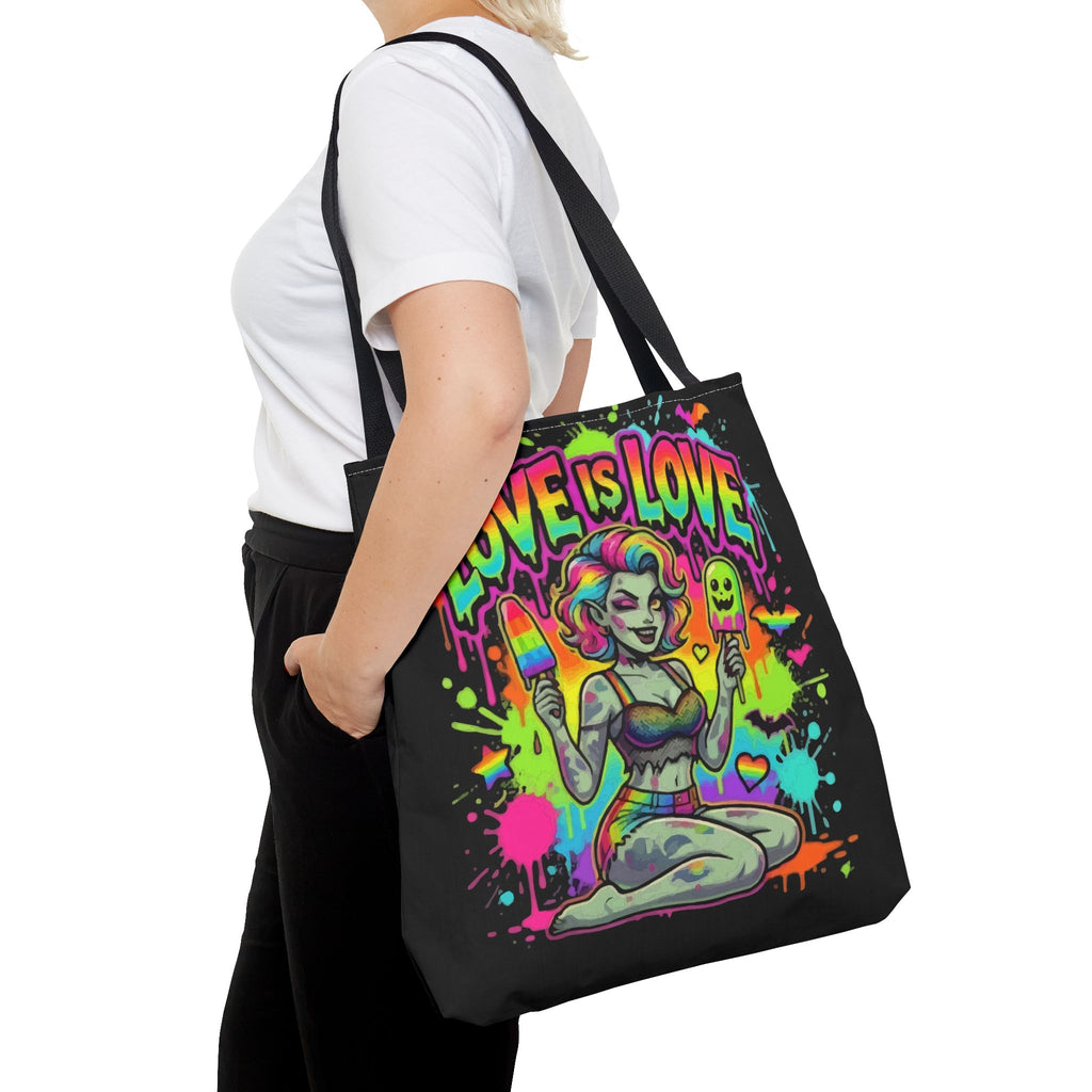 Love Is Love Neon Pride Tote Bag — Colorful Retro Pin-Up LGBTQ+ Canvas Tote