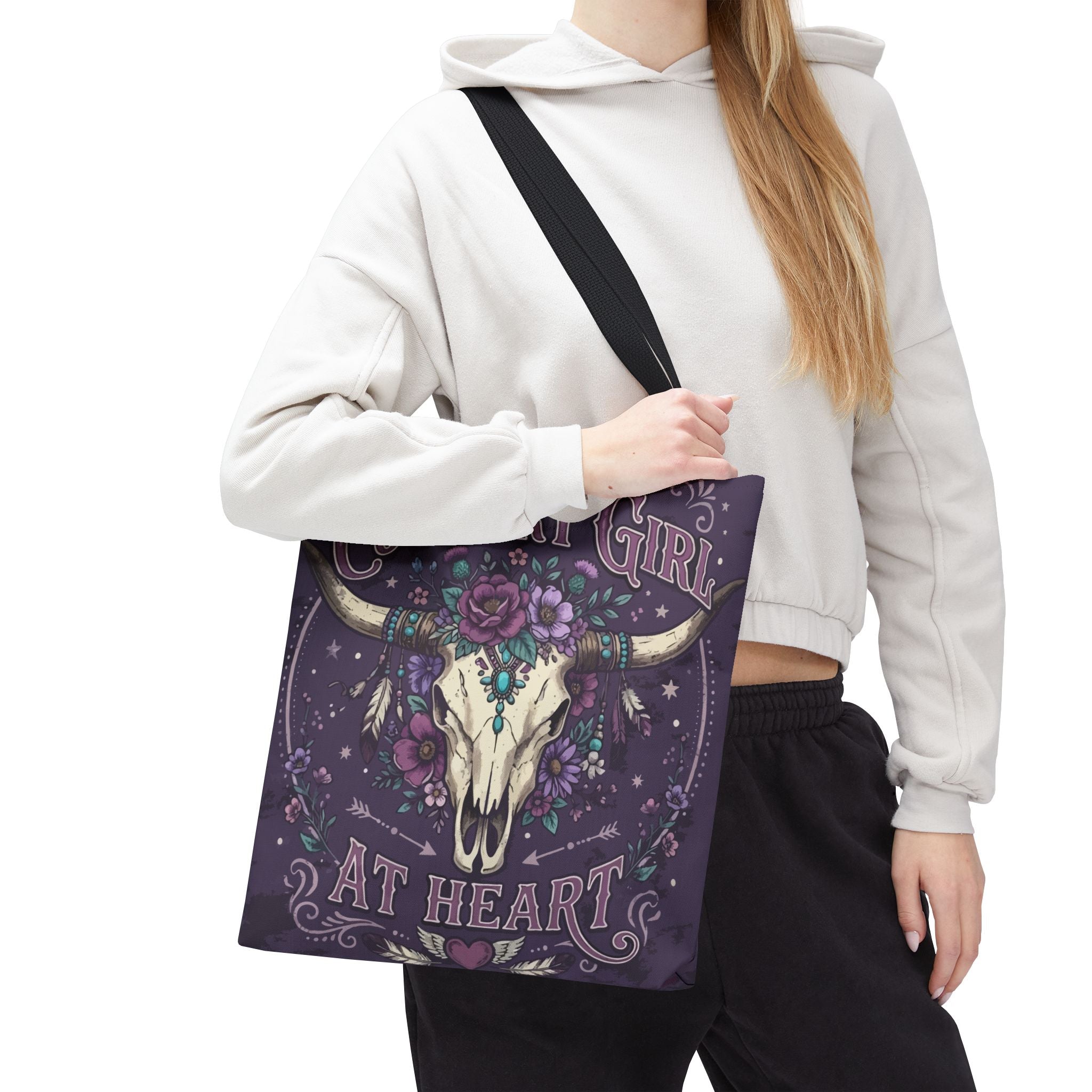 Country Girl at Heart Tote Bag — Floral Bull Skull All-Over Print