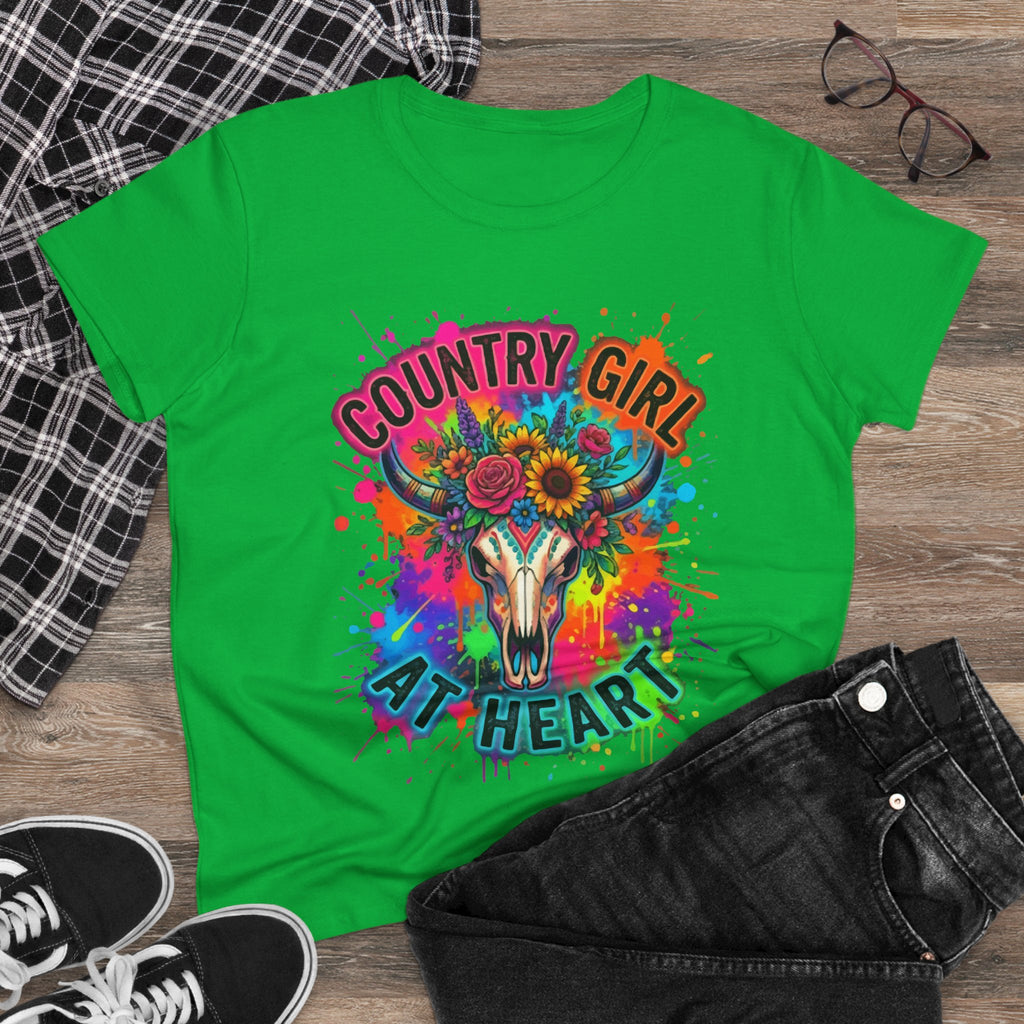 Country Girl At Heart Tee — Colorful Floral Cow Skull Women's T‑Shirt