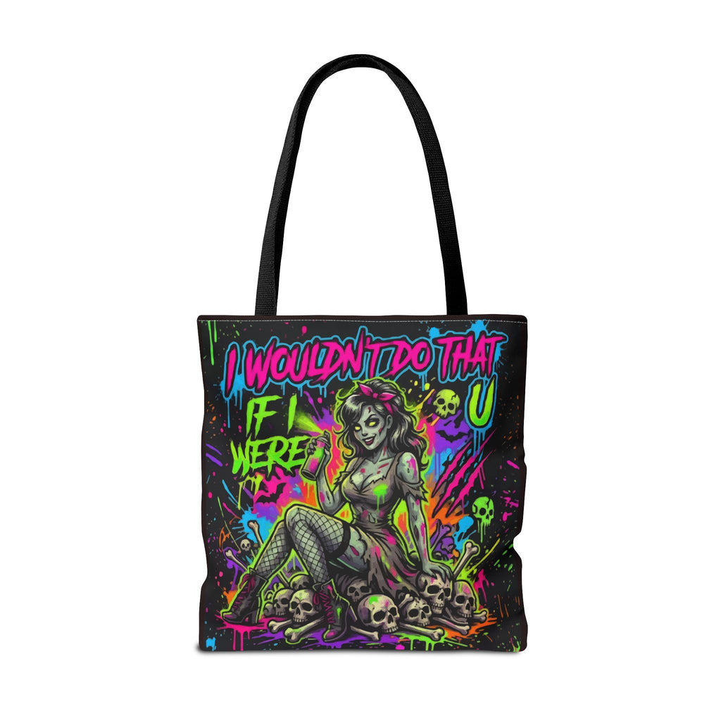 Zombie Pin-Up Tote Bag — "I Wouldn't Do That If I Were U" Neon Horror Graphic