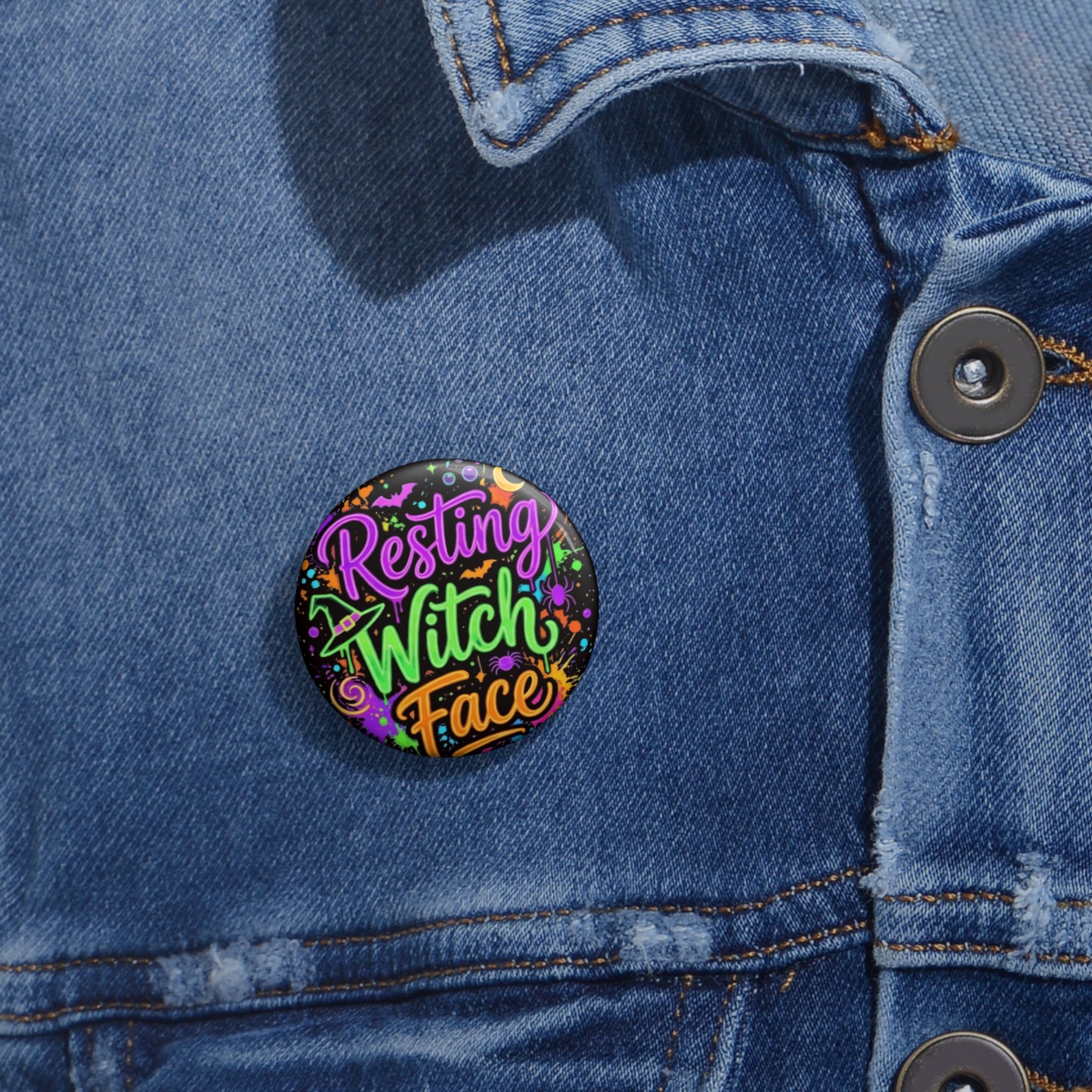 Resting Witch Face Pin Button — Colorful Halloween Witchy Badge