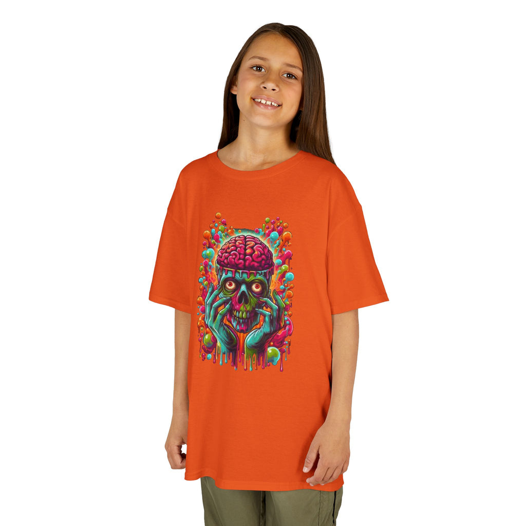 Kids Tee — Neon Brain Monster Graphic T-Shirt (Glow Horror Skate Punk)