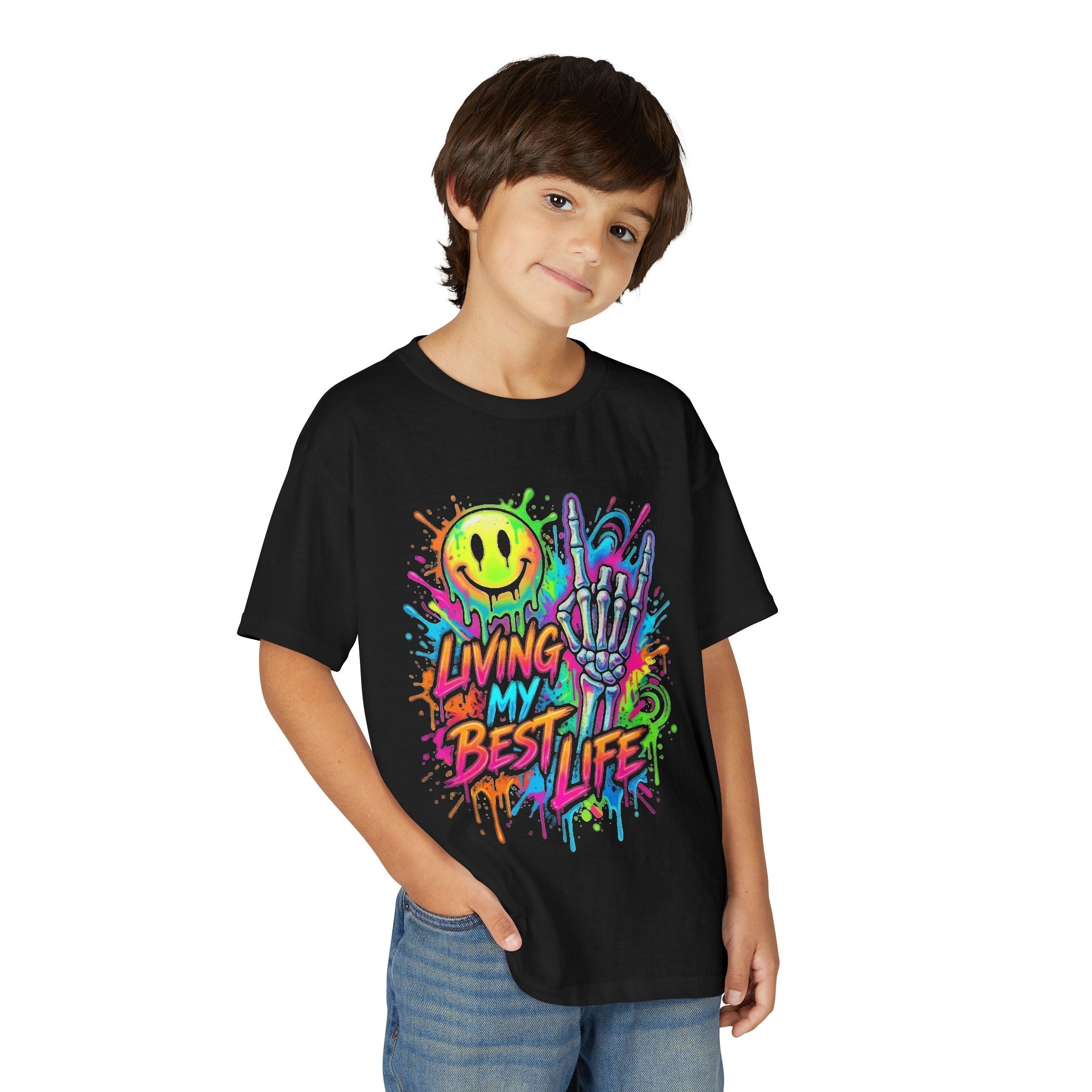 Youth T‑Shirt — Colorful Graffiti “Living My Best Life” Smile Skeleton Design