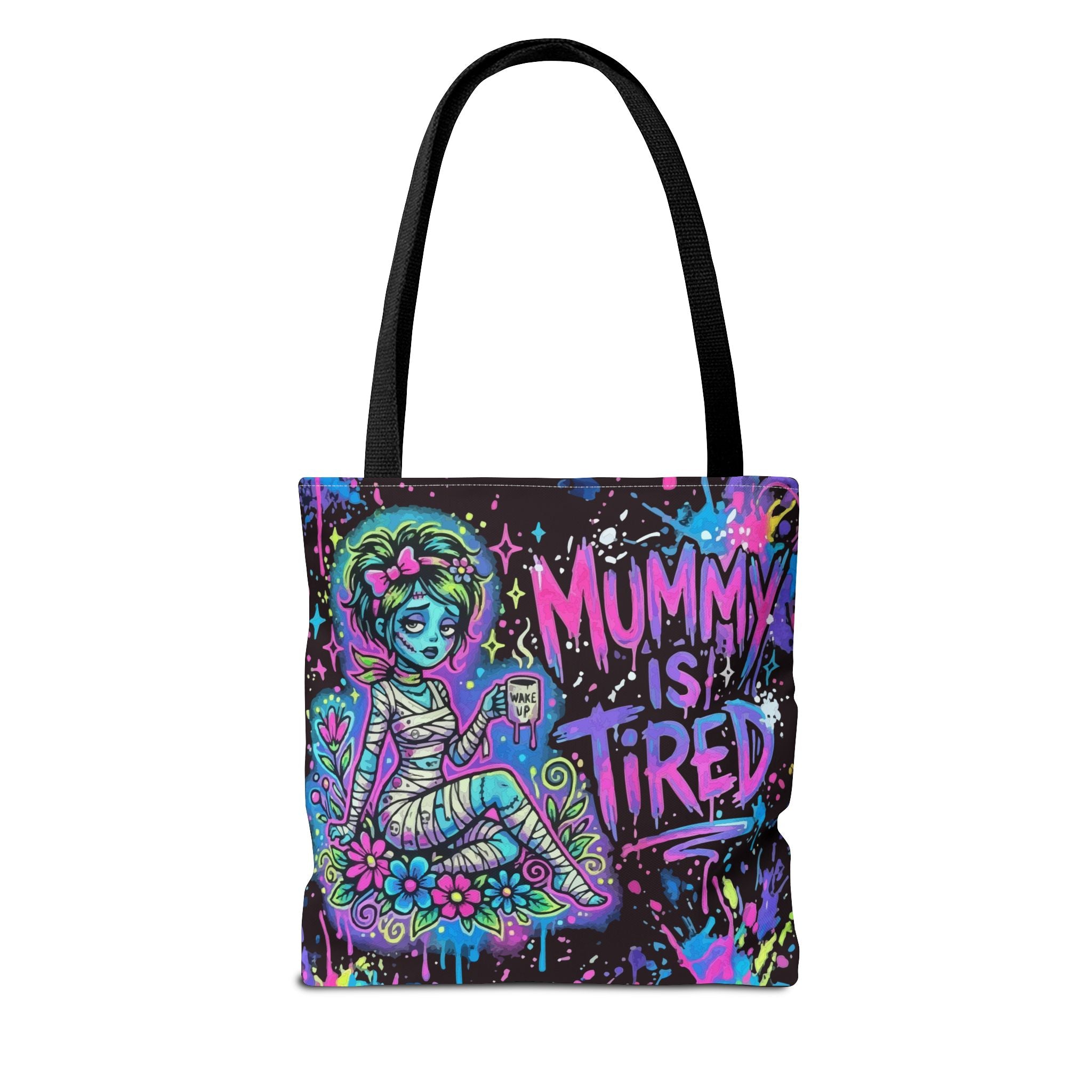 Mummy Is Tired Tote Bag — Neon Halloween Mom Canvas Shopper
