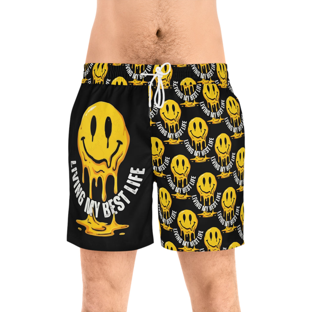 Men's Swim Shorts — Yellow Melting Smiley "Living My Best Life" All-Over Print