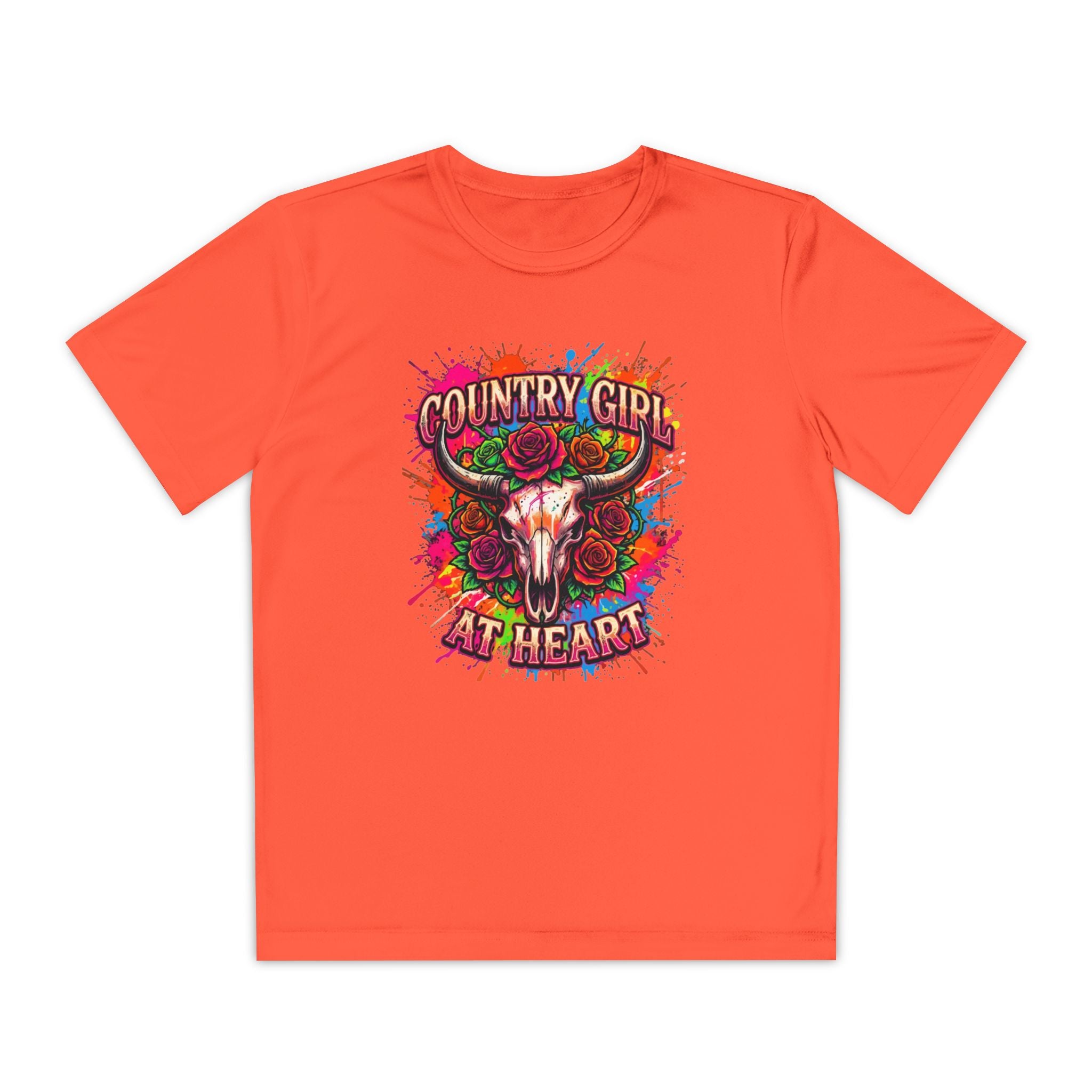 Youth T-Shirt — "Country Girl at Heart" Floral Bull Skull Graphic