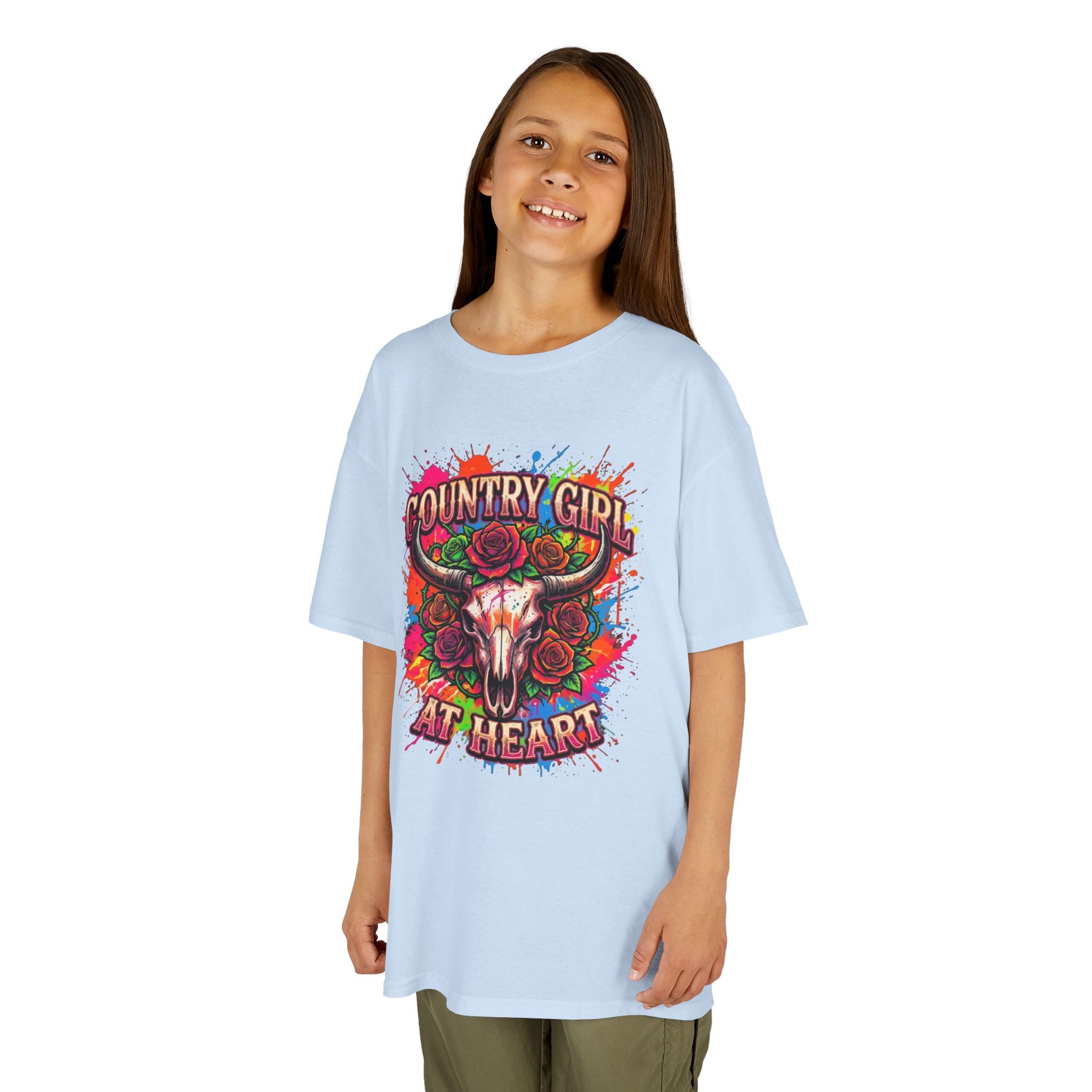 Kids T-Shirt — "Country Girl at Heart" Colorful Cow Skull Tee