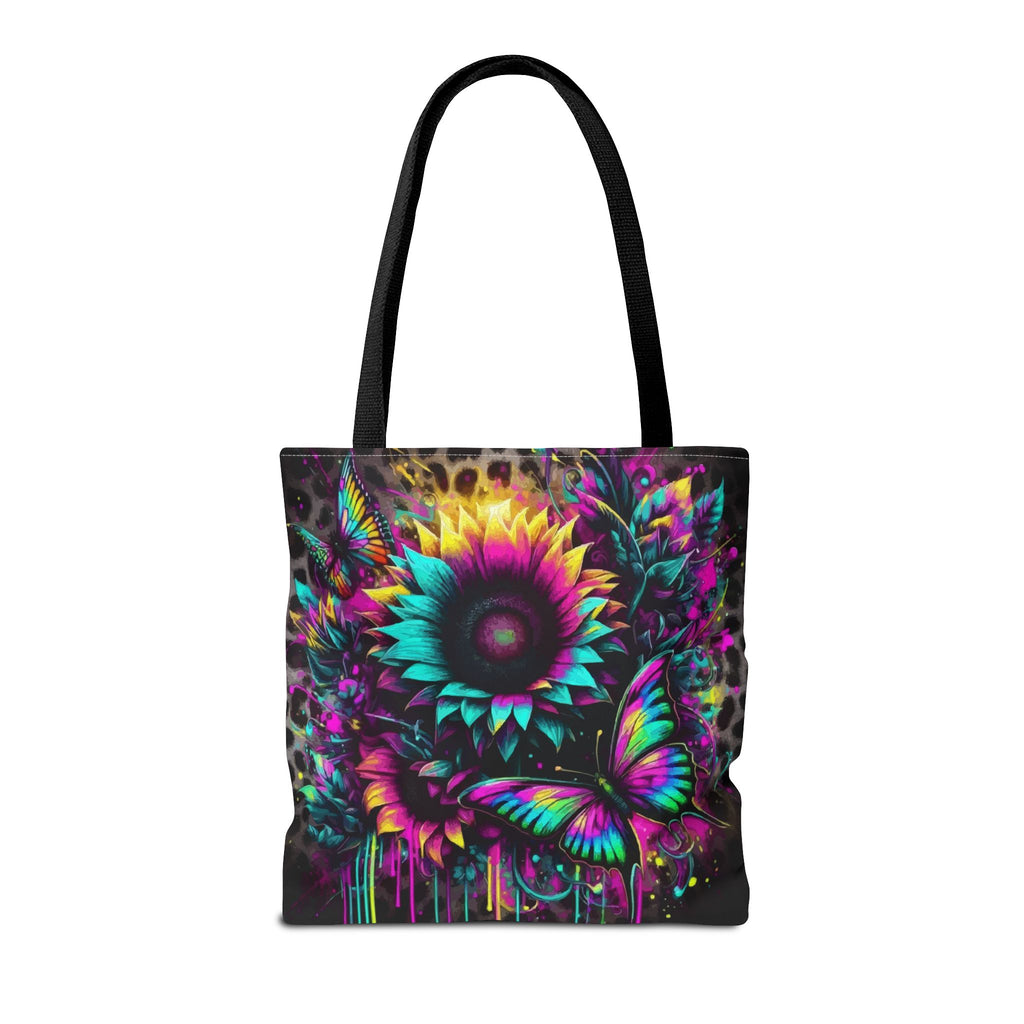 Sunflower & Butterfly Neon Tote Bag — Colorful Floral All-Over Print Tote