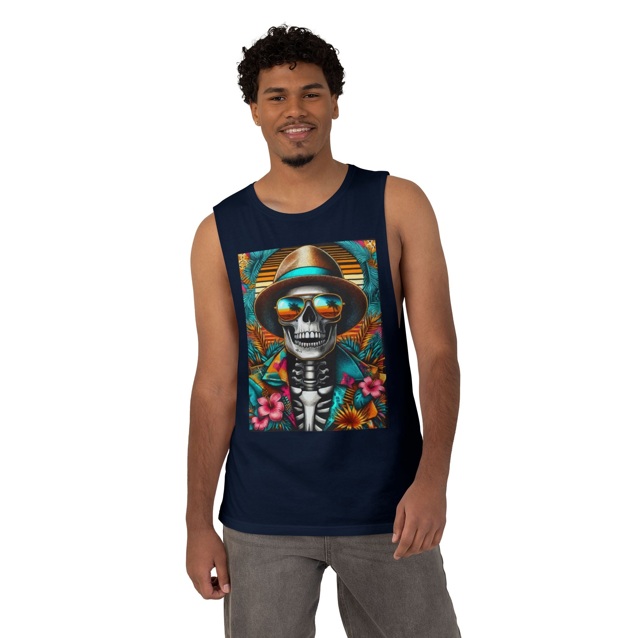 Skeleton Sun Hat Tank Top — Tropical Day of the Dead Skull Graphic Tank