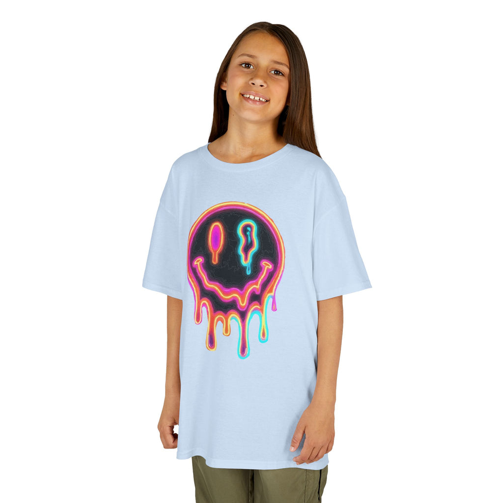 Kids Neon Drip Smiley T-Shirt — Colorful Melting Emoji Tee for Boys & Girls
