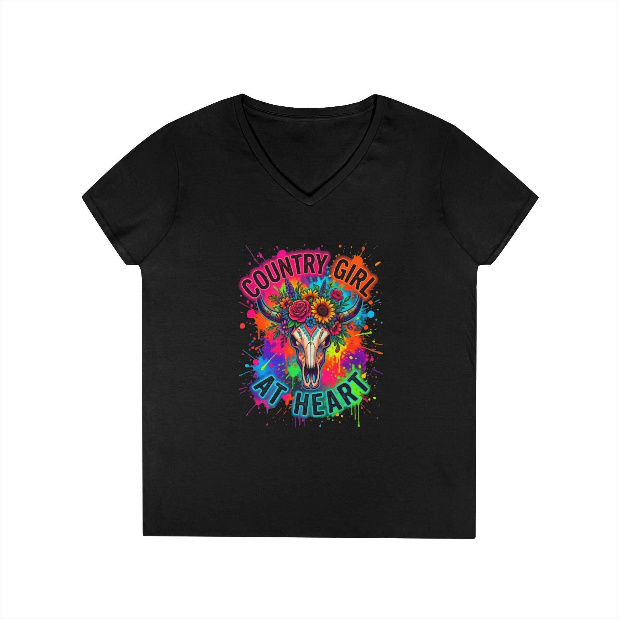 Country Girl At Heart V-Neck Tee — Colorful Skull Floral Women's T-Shirt