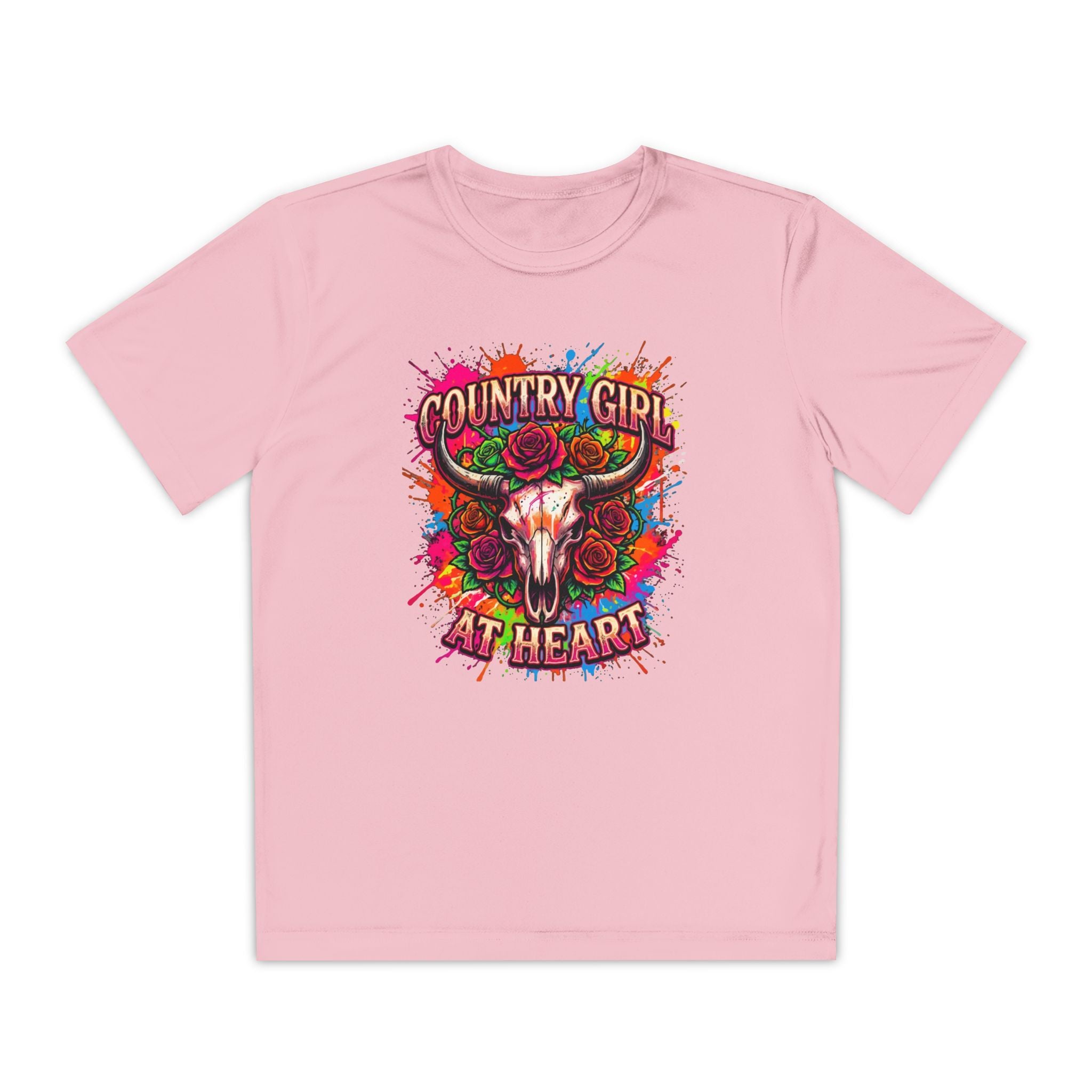 Youth T-Shirt — "Country Girl at Heart" Floral Bull Skull Graphic